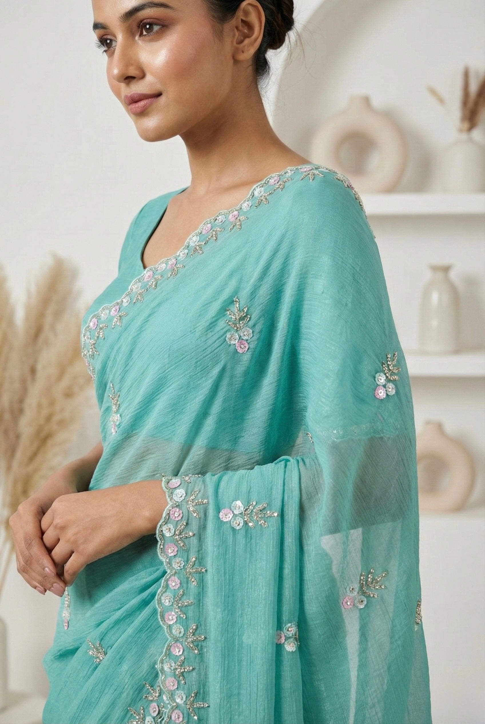 Aqua Blue Crunchy Chiffon Saree with Hand-Embroidered Scalloped Borders & Sequin Floral Motifs