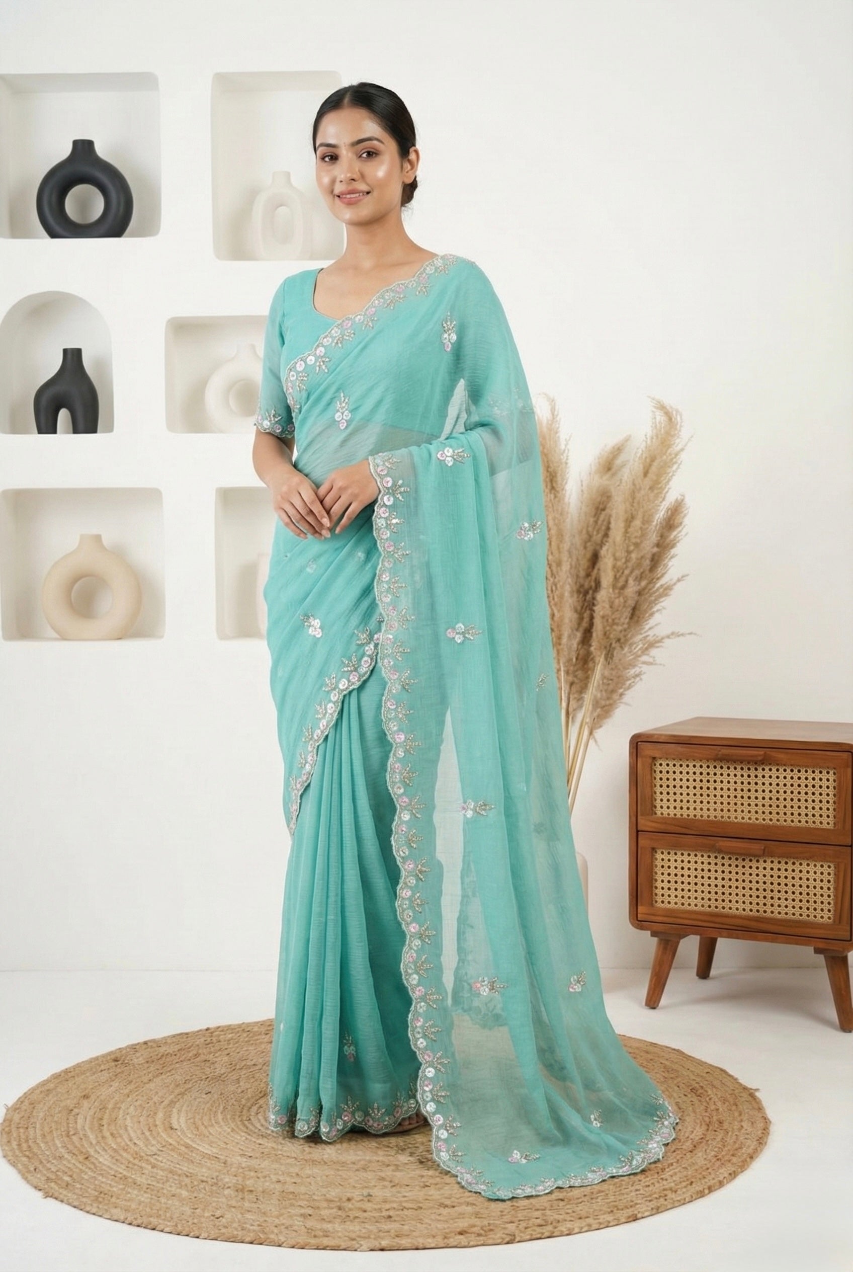 Aqua Blue Crunchy Chiffon Saree with Hand-Embroidered Scalloped Borders & Sequin Floral Motifs
