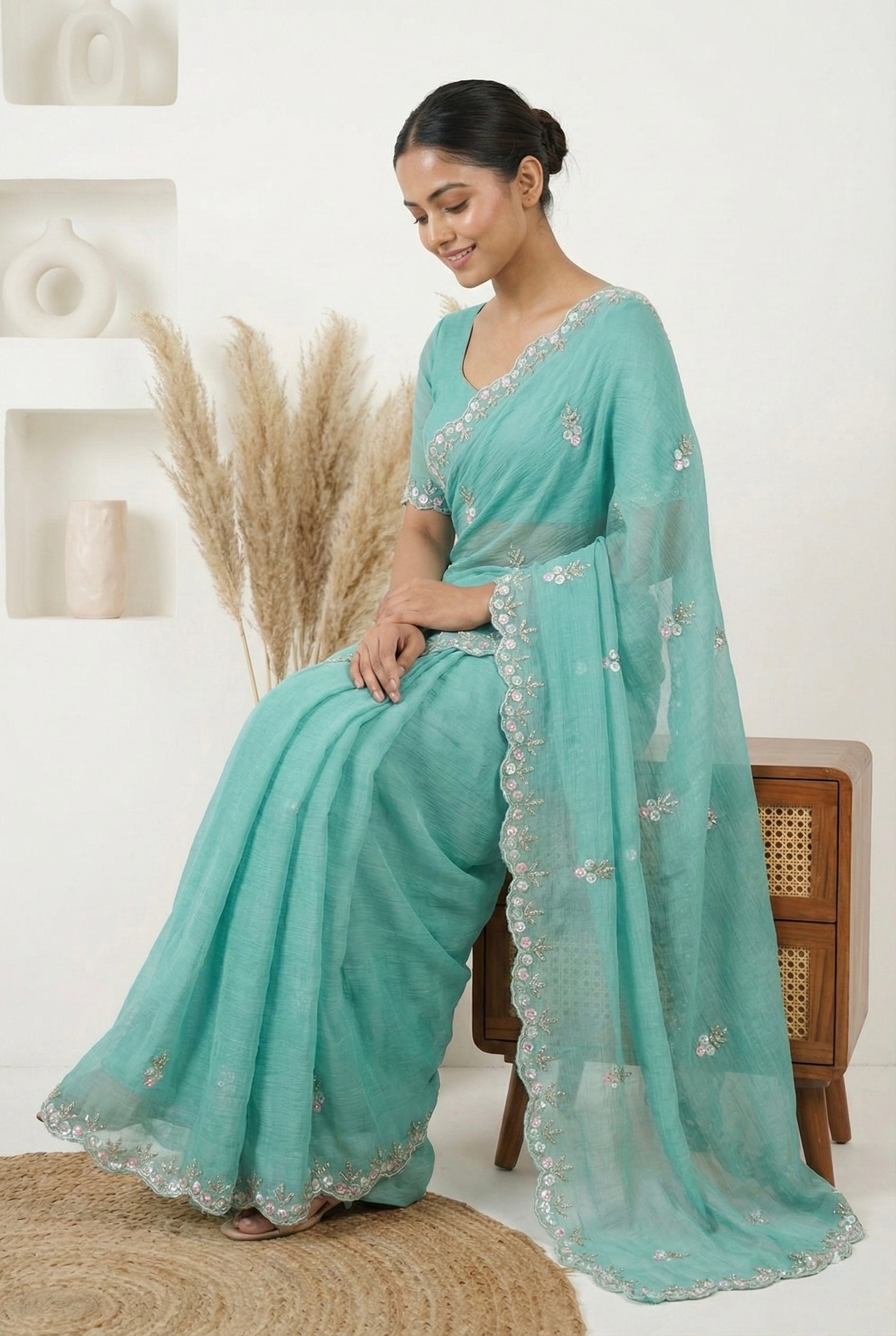 Aqua Blue Crunchy Chiffon Saree with Hand-Embroidered Scalloped Borders & Sequin Floral Motifs