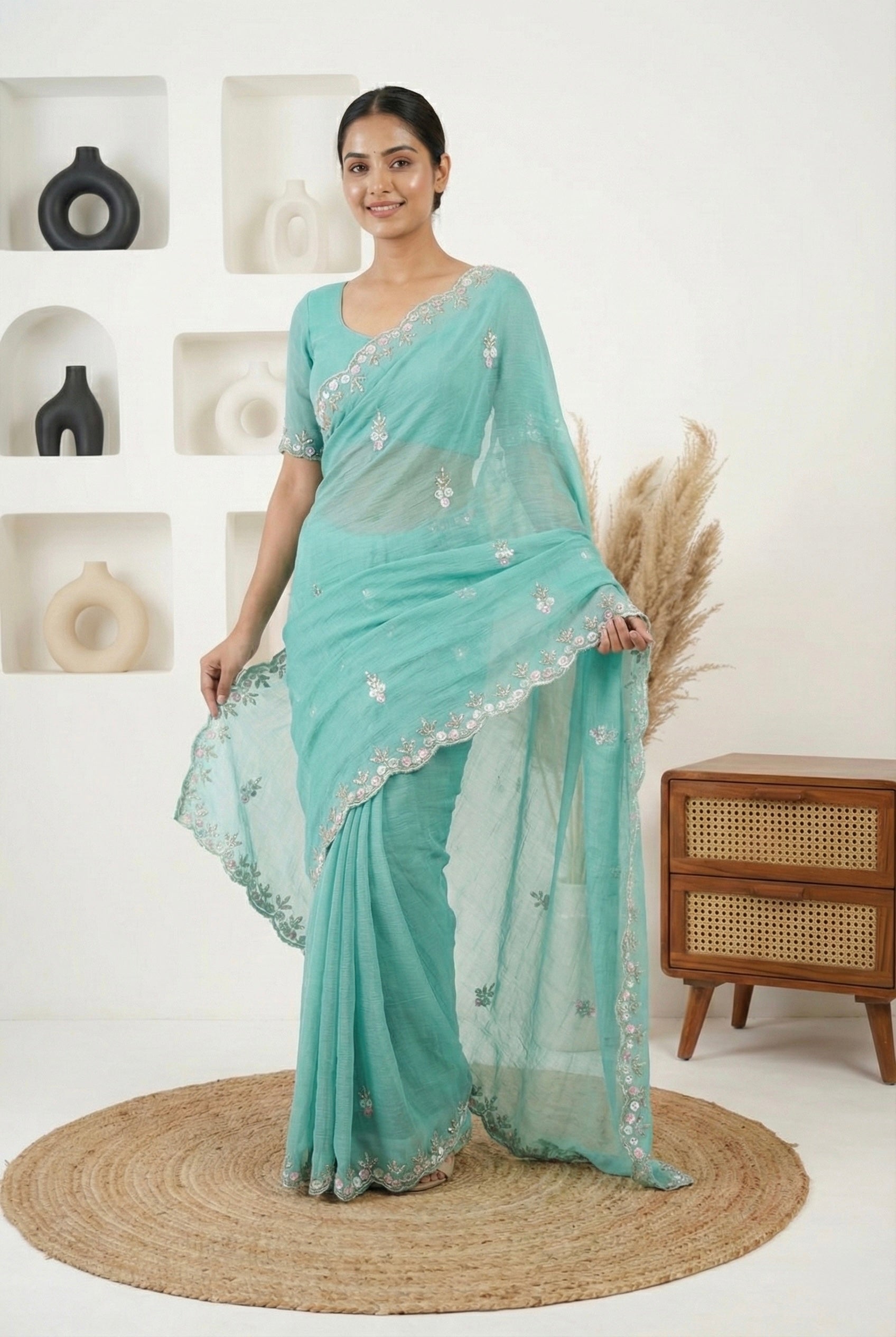 Aqua Blue Crunchy Chiffon Saree with Hand-Embroidered Scalloped Borders & Sequin Floral Motifs