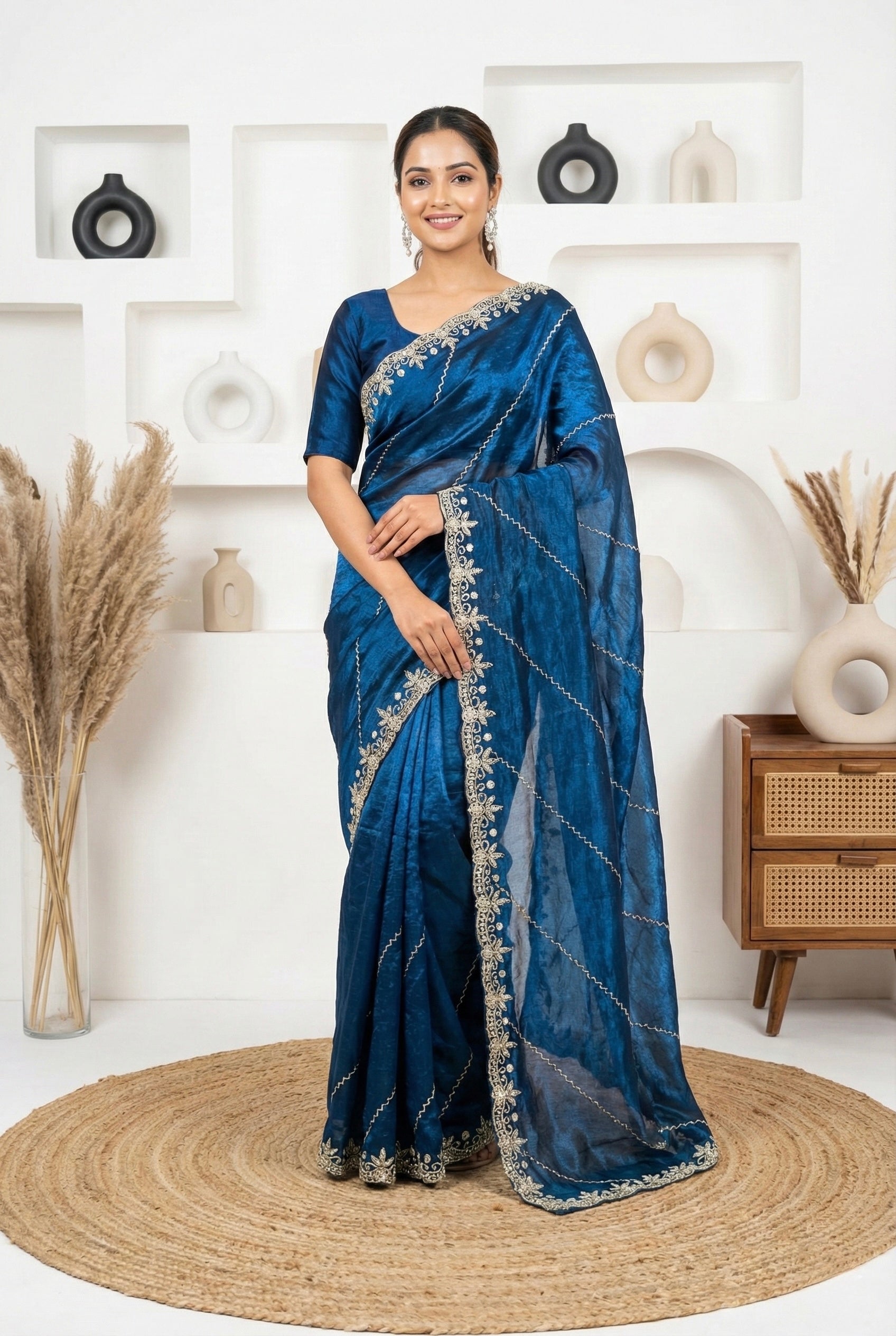 eal Blue Fendy Silk Saree with Intricate Handwork Embroidery – Designer Party Wear