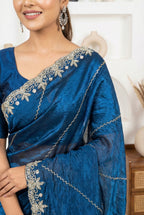 eal Blue Fendy Silk Saree with Intricate Handwork Embroidery – Designer Party Wear
