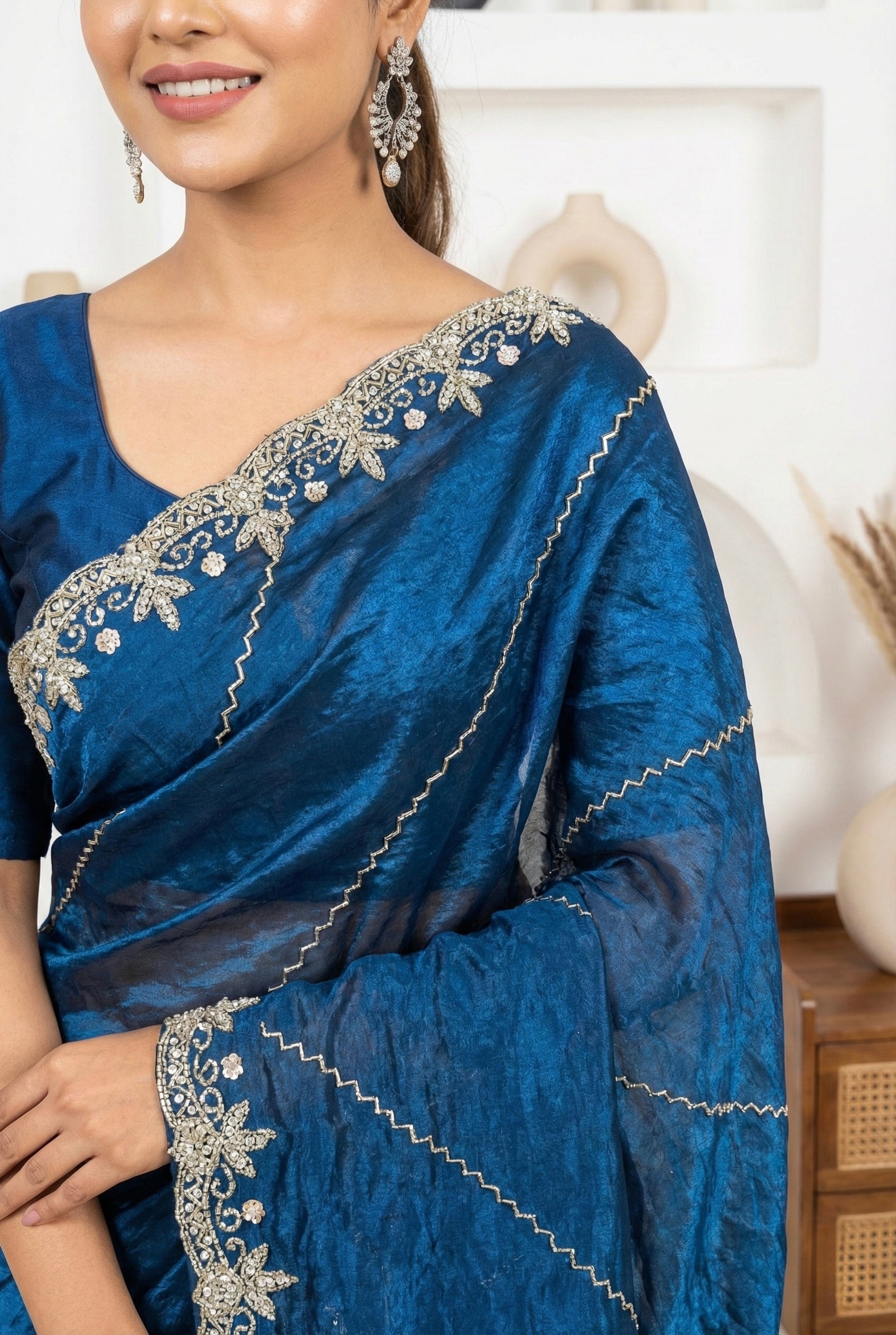 eal Blue Fendy Silk Saree with Intricate Handwork Embroidery – Designer Party Wear