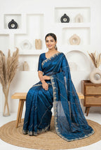 eal Blue Fendy Silk Saree with Intricate Handwork Embroidery – Designer Party Wear