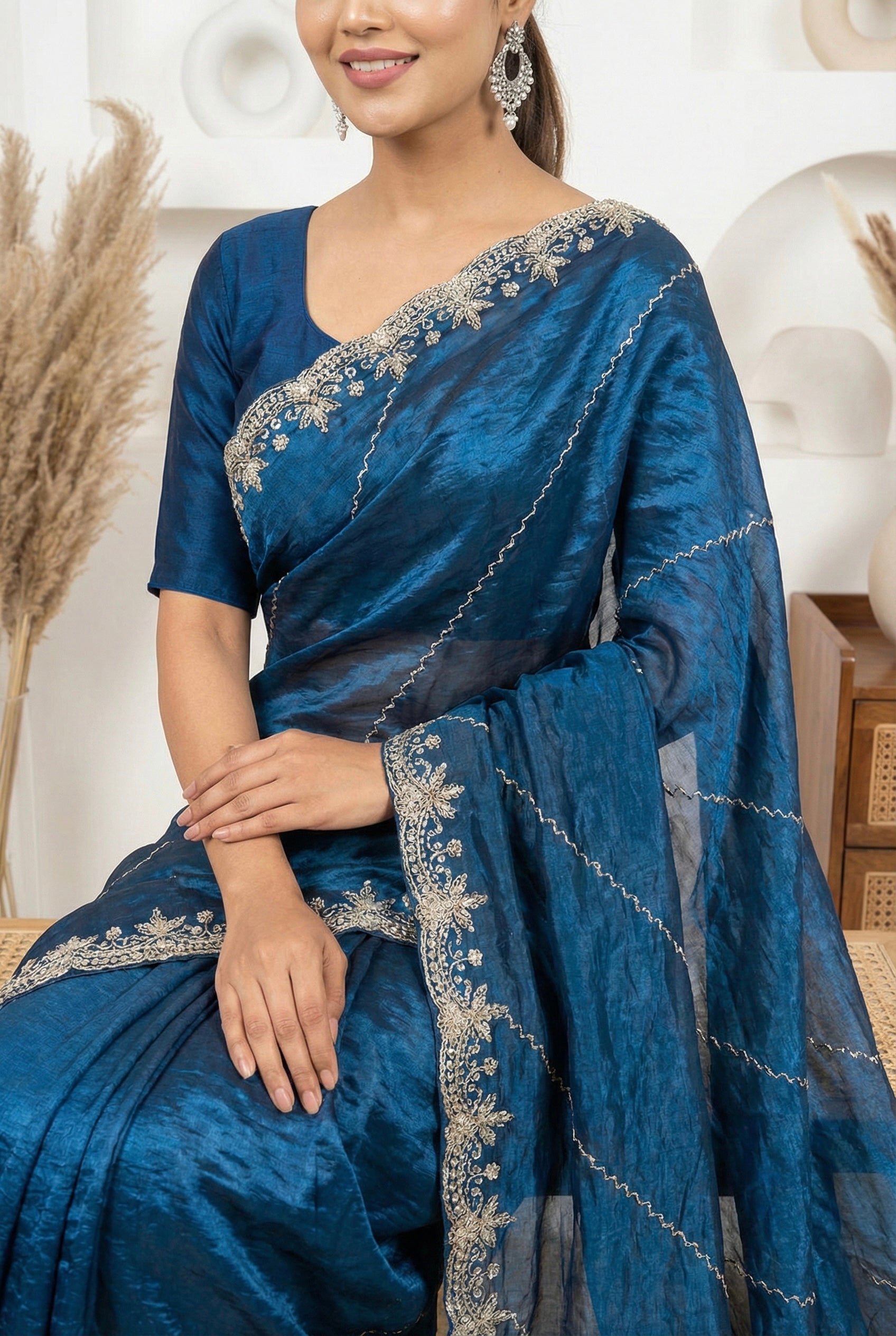eal Blue Fendy Silk Saree with Intricate Handwork Embroidery – Designer Party Wear