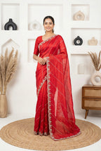 Red Fendy Silk Saree with Intricate Handwork Embroidery – Designer Party Wear