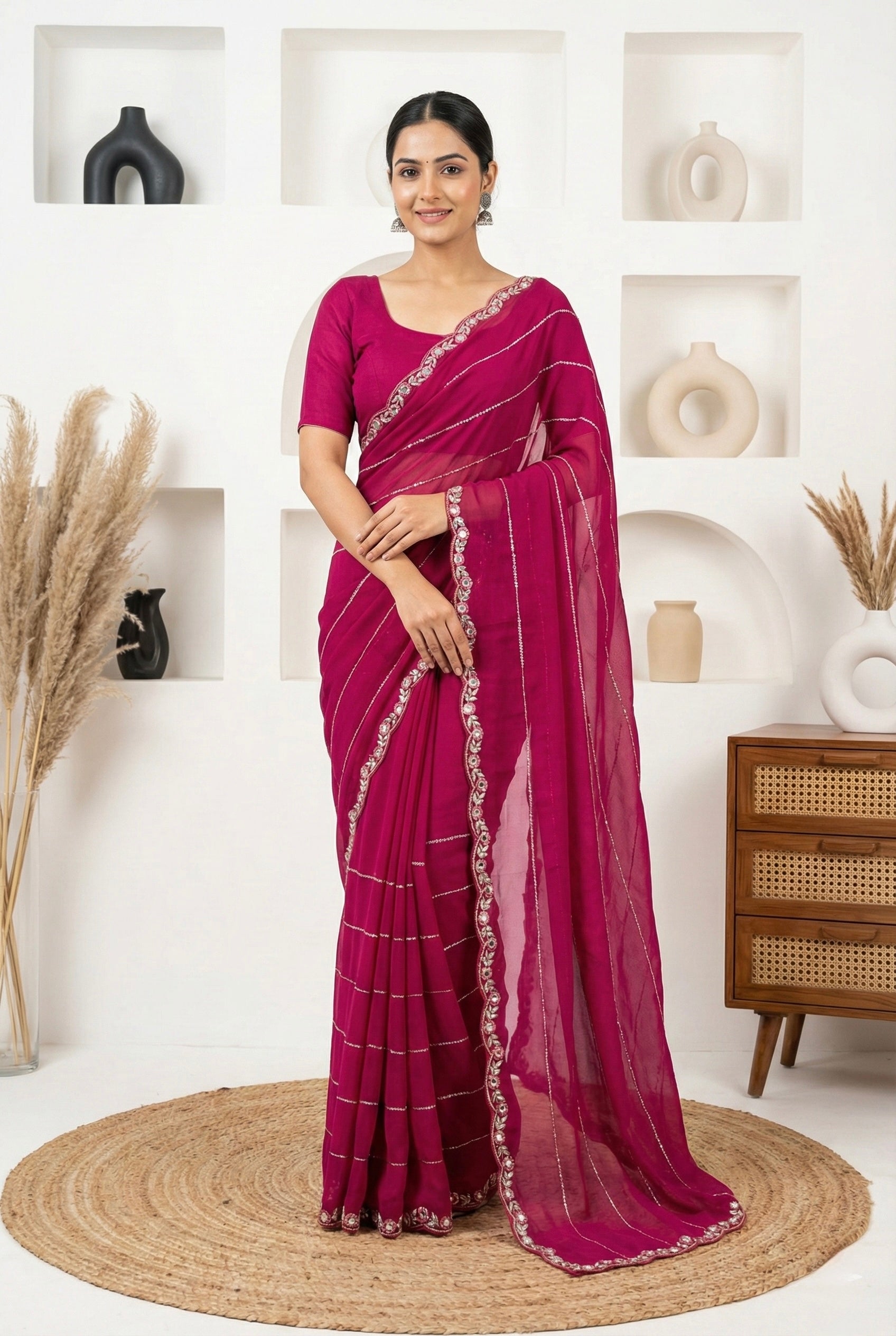 Rani Pink Rangoli Silk Saree with Real Mirror Work Border & Sequin Detailing | Party Wear