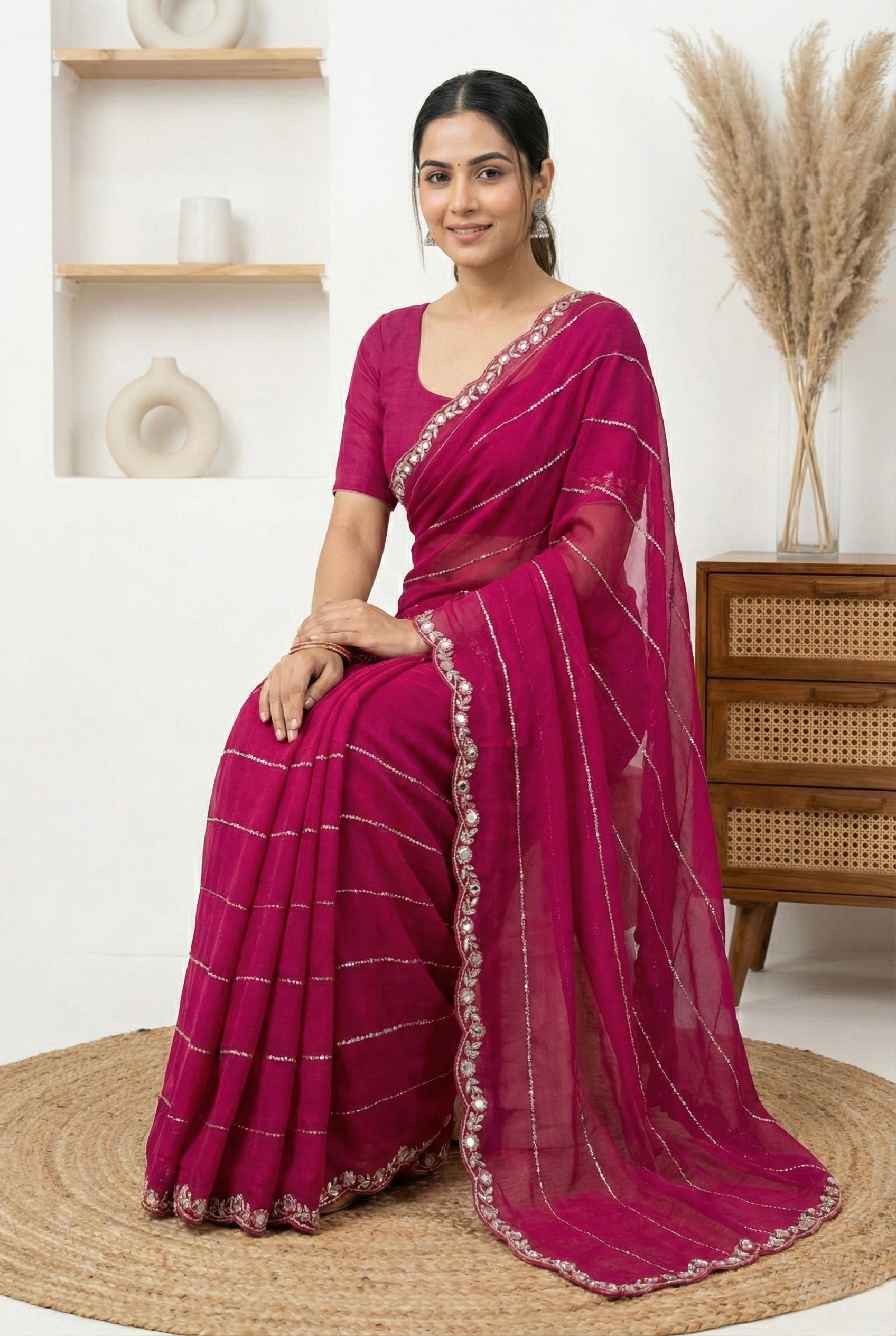 Rani Pink Rangoli Silk Saree with Real Mirror Work Border & Sequin Detailing | Party Wear