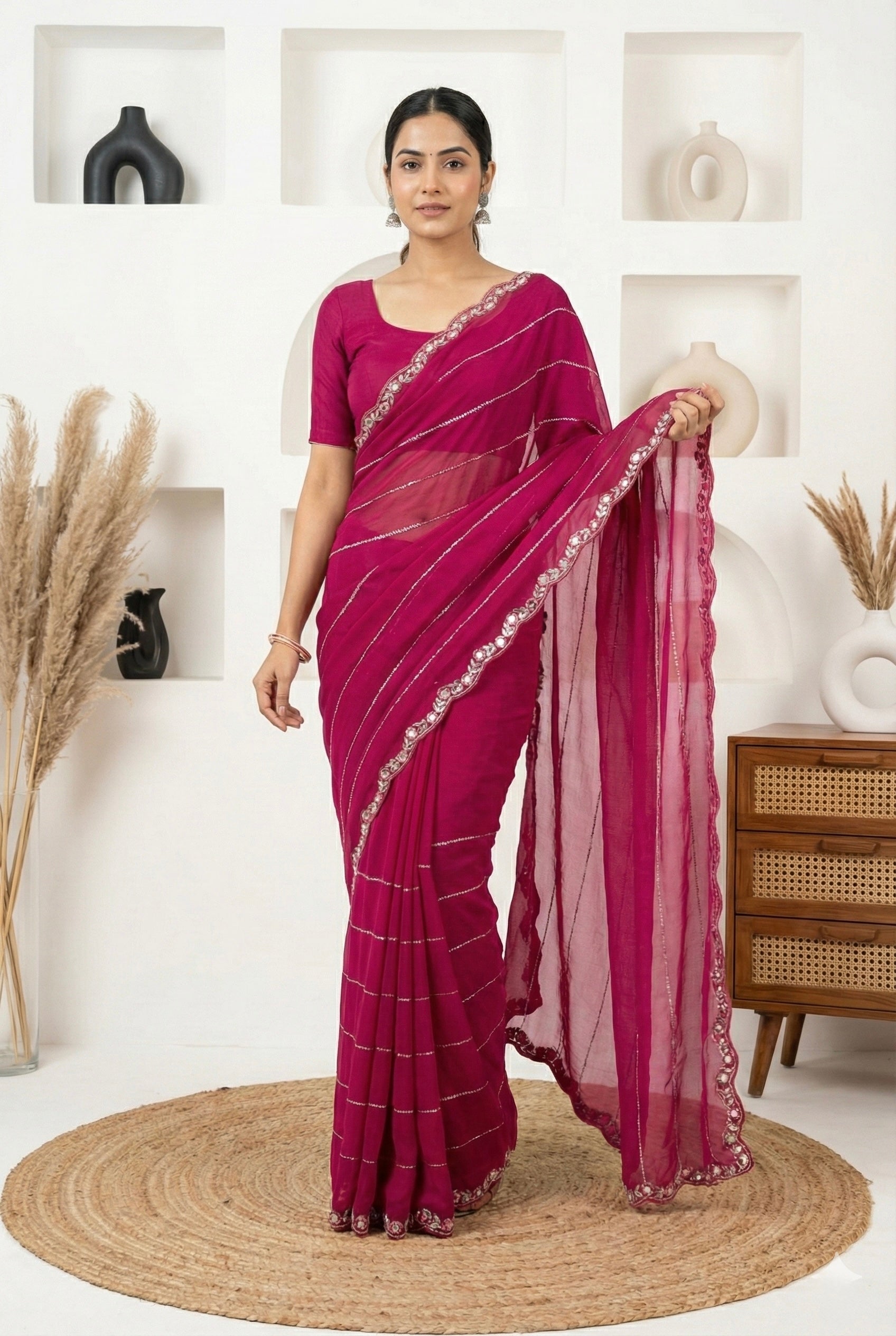 Rani Pink Rangoli Silk Saree with Real Mirror Work Border & Sequin Detailing | Party Wear