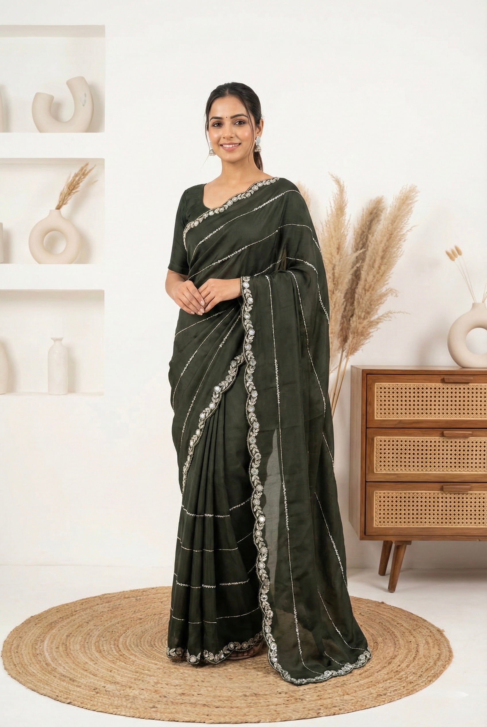 Hand-Embroidered Olive Mehendi Green Saree with Designer Mirror Work | Wedding Collection