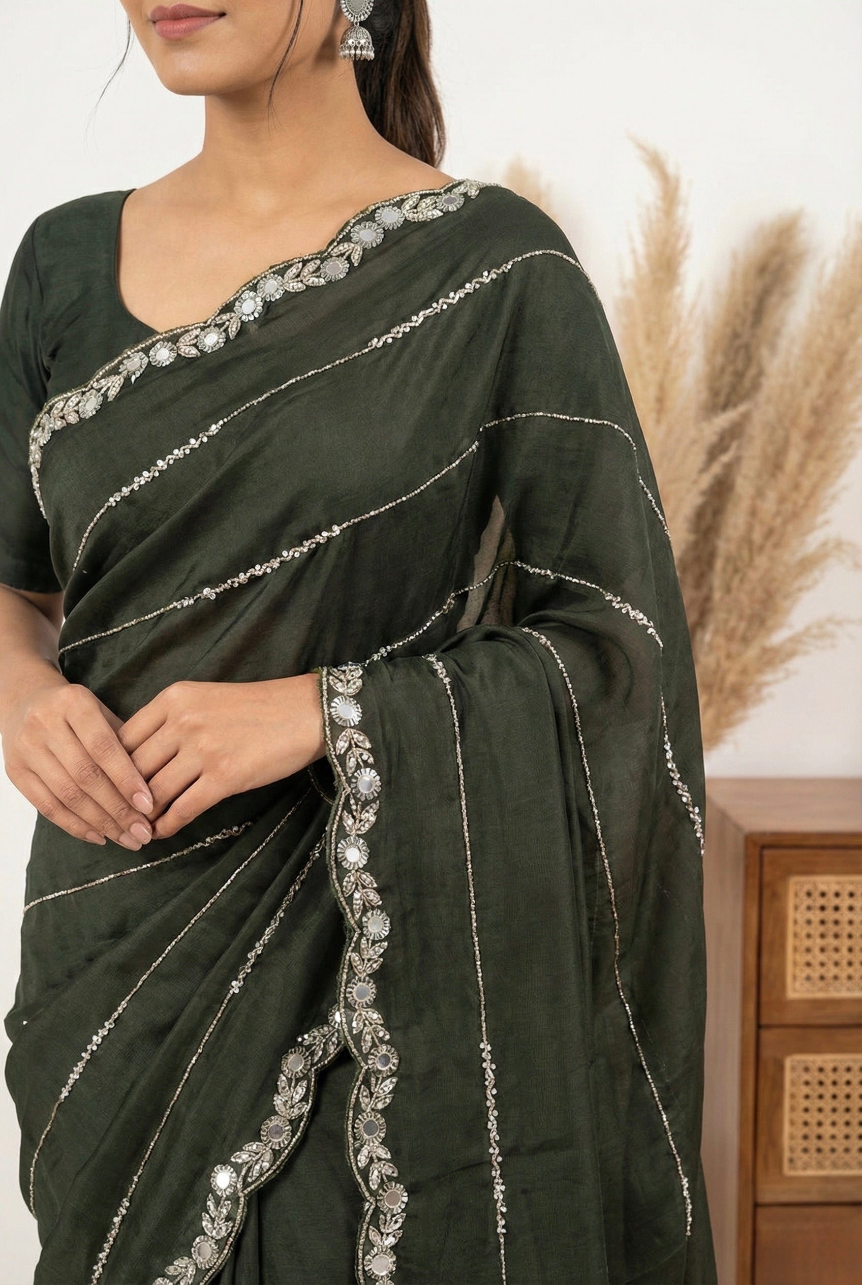 Hand-Embroidered Olive Mehendi Green Saree with Designer Mirror Work | Wedding Collection