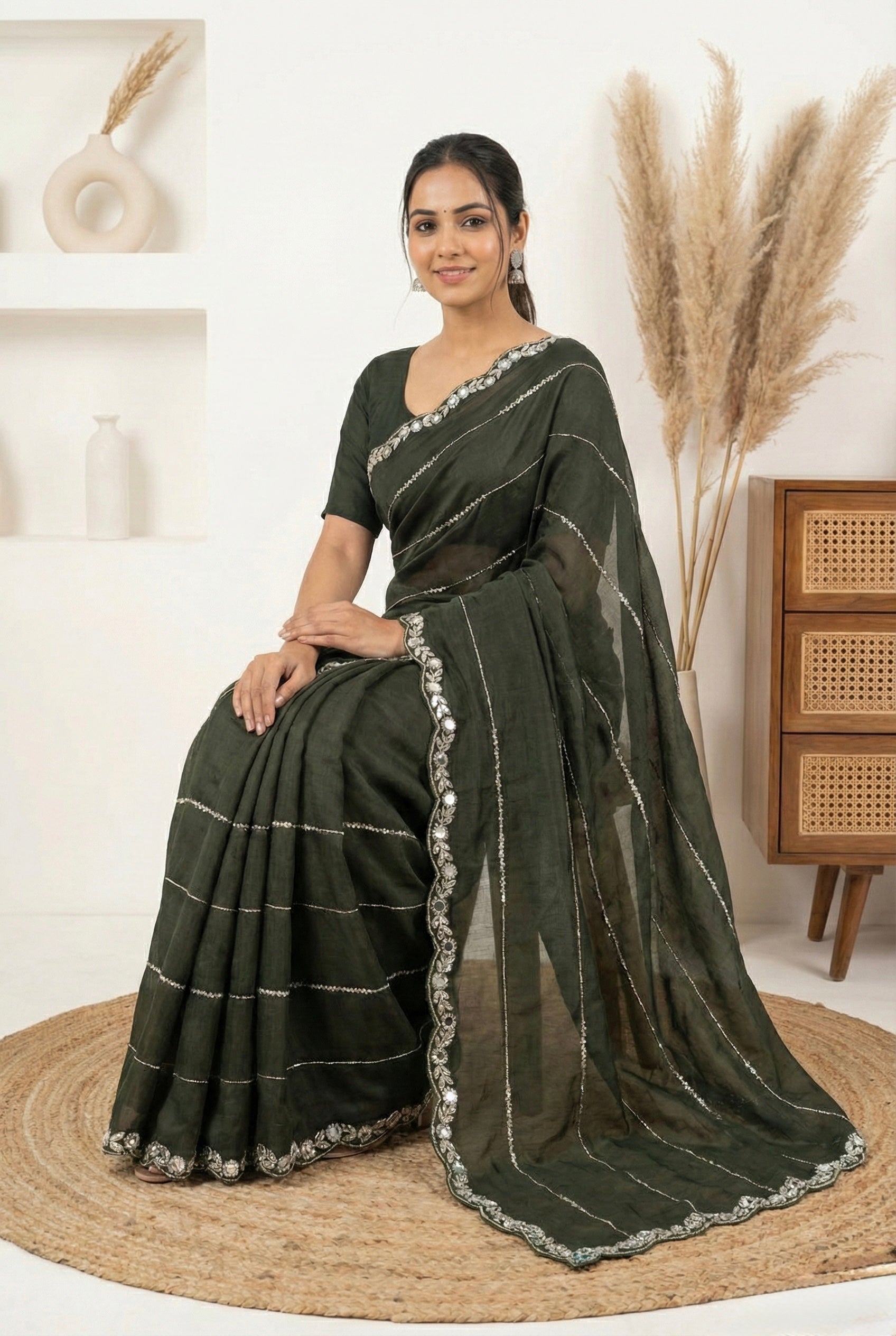 Hand-Embroidered Olive Mehendi Green Saree with Designer Mirror Work | Wedding Collection