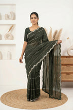 Hand-Embroidered Olive Mehendi Green Saree with Designer Mirror Work | Wedding Collection