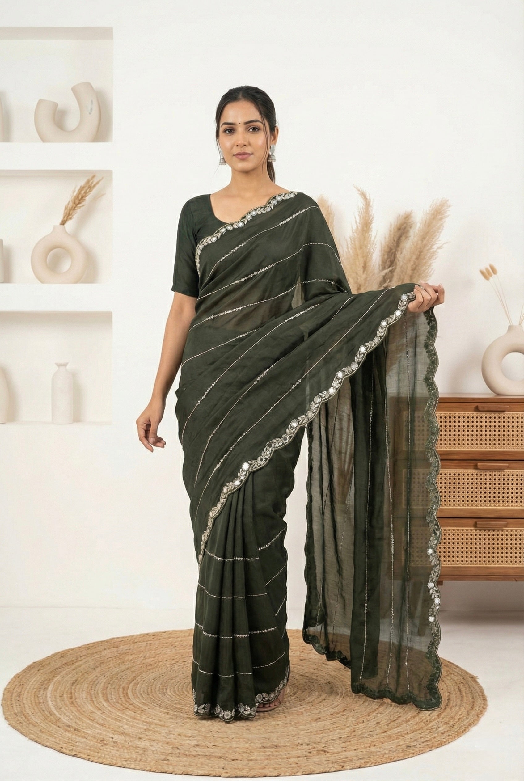 Hand-Embroidered Olive Mehendi Green Saree with Designer Mirror Work | Wedding Collection