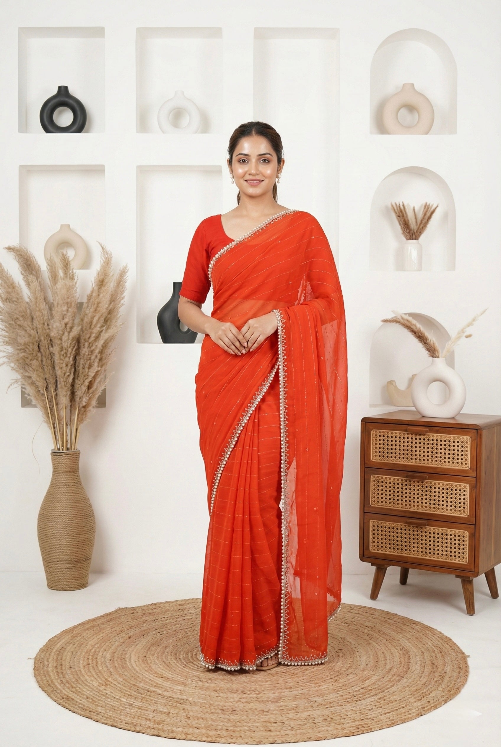 Rust Orange Georgette Saree with Handcrafted Pearl & Sequin Border