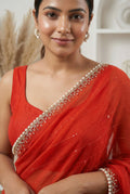 Rust Orange Georgette Saree with Handcrafted Pearl & Sequin Border