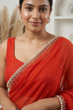 Rust Orange Georgette Saree with Handcrafted Pearl & Sequin Border