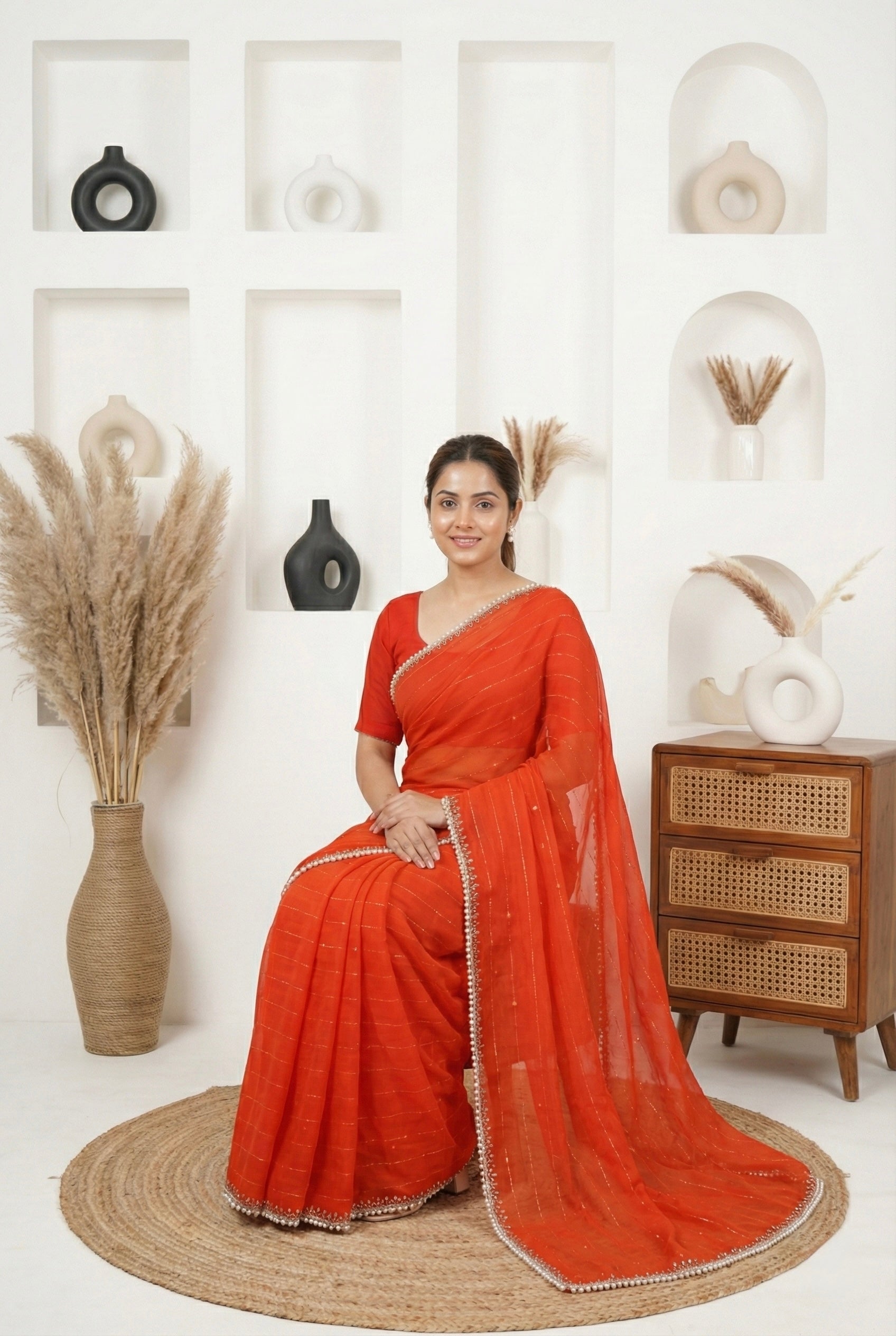 Rust Orange Georgette Saree with Handcrafted Pearl & Sequin Border