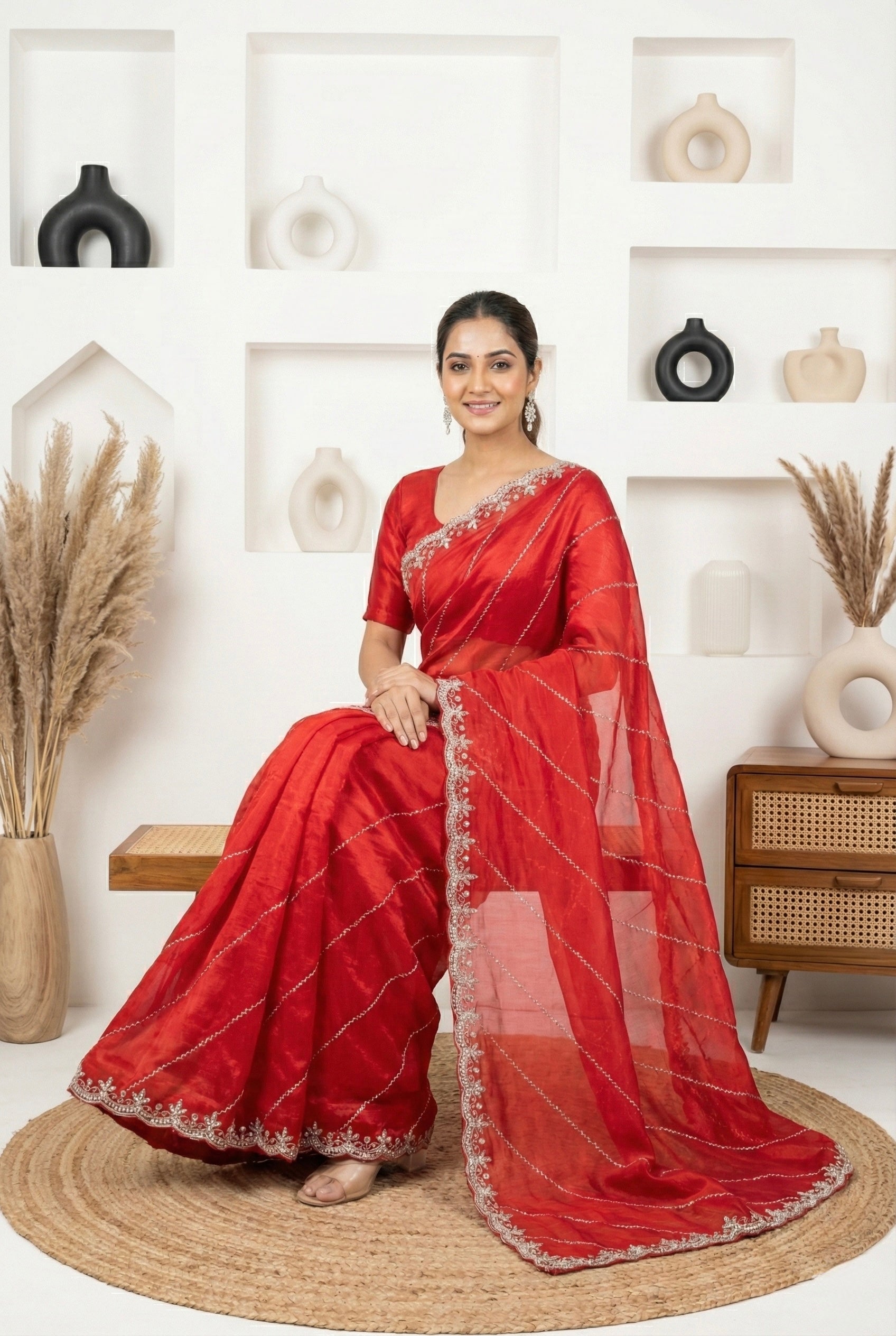 Red Fendy Silk Saree with Intricate Handwork Embroidery – Designer Party Wear