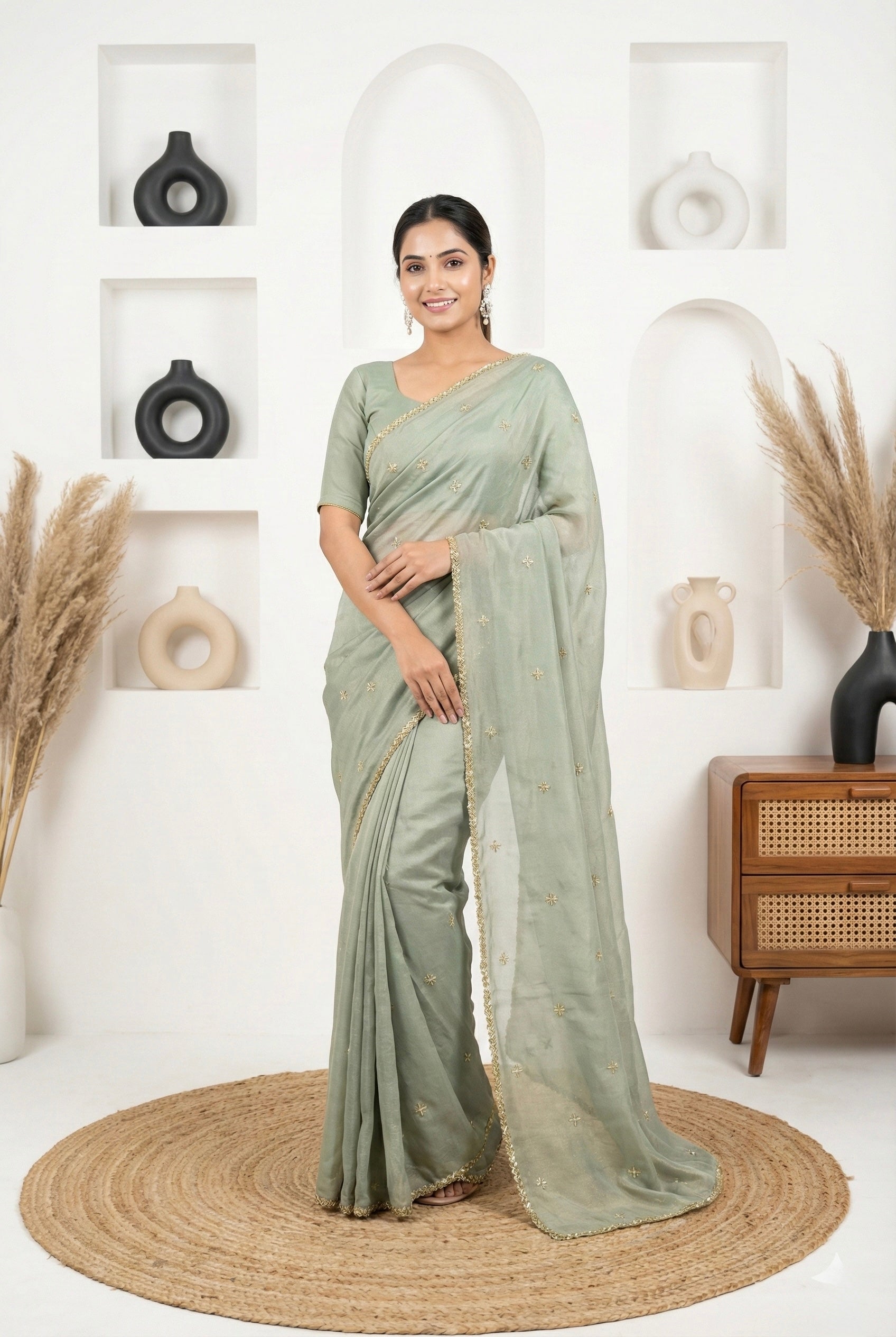 Sage Green Shimmer Handwork Crepe Georgette Saree