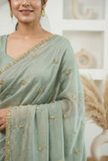 Sage Green Shimmer Handwork Crepe Georgette Saree