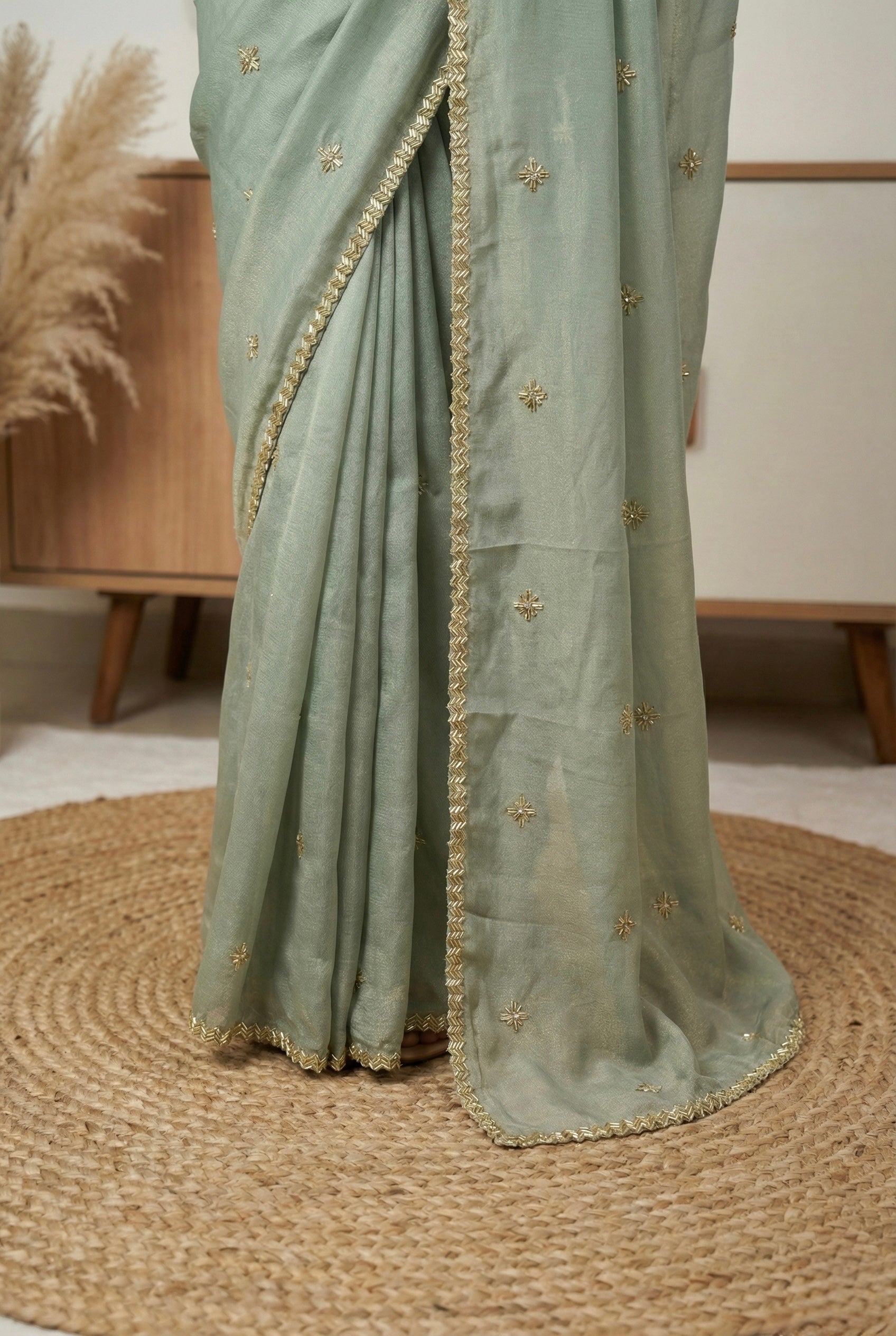Sage Green Shimmer Handwork Crepe Georgette Saree