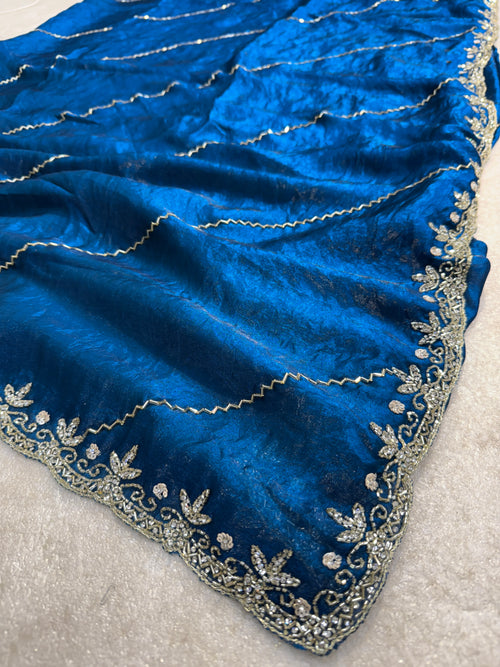 eal Blue Fendy Silk Saree with Intricate Handwork Embroidery – Designer Party Wear