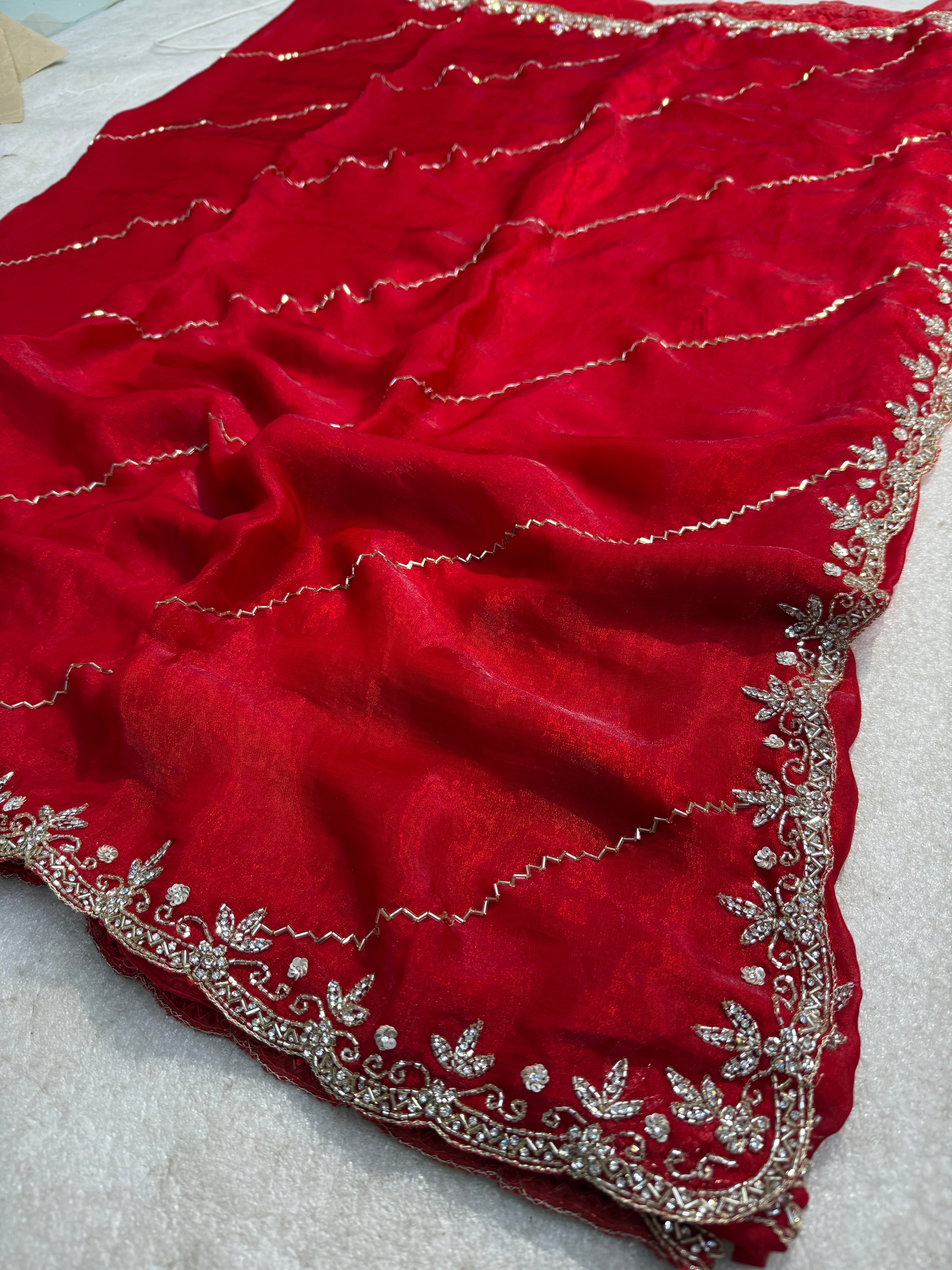 Red Fendy Silk Saree with Intricate Handwork Embroidery – Designer Party Wear