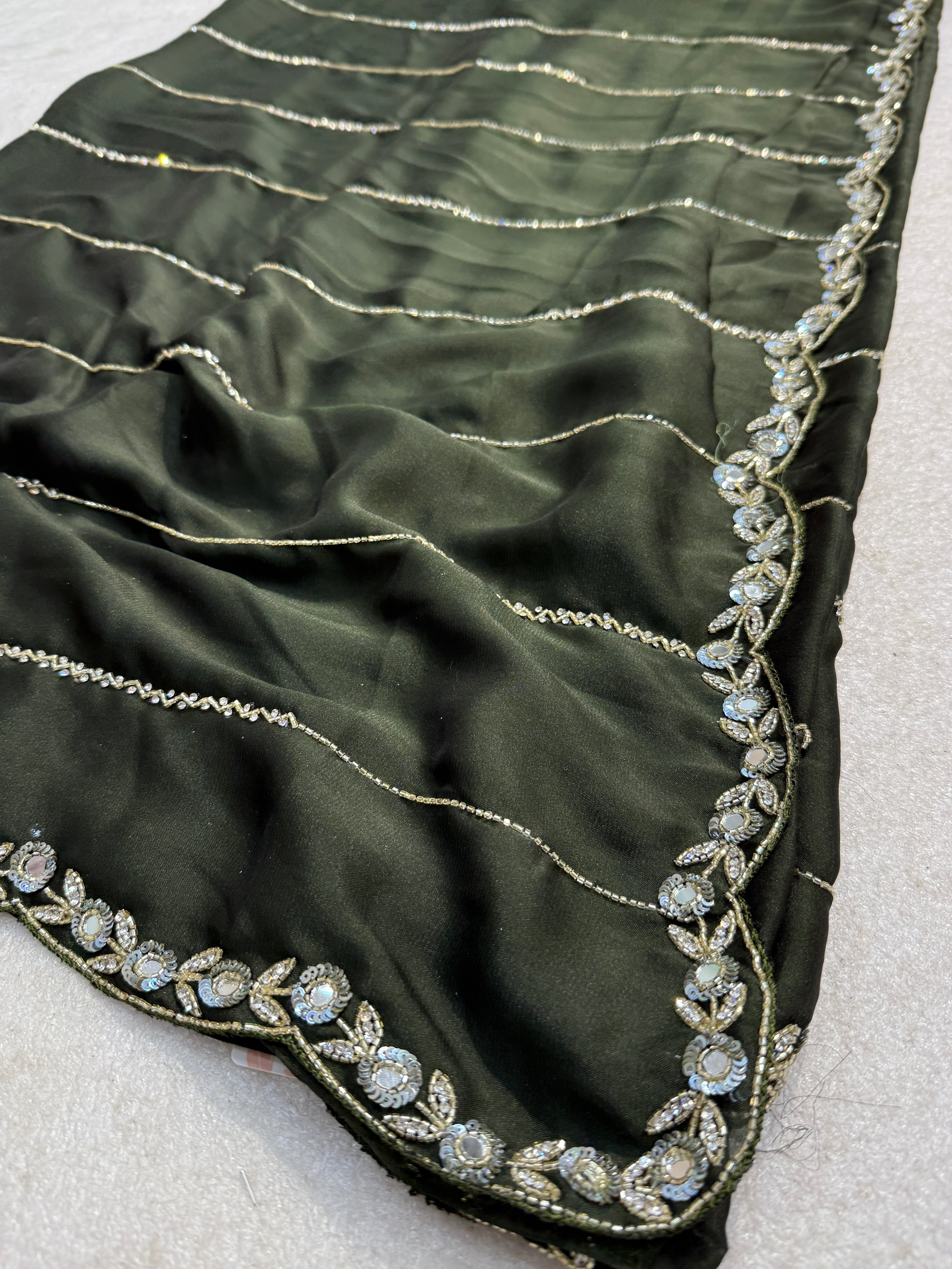 Hand-Embroidered Olive Mehendi Green Saree with Designer Mirror Work | Wedding Collection