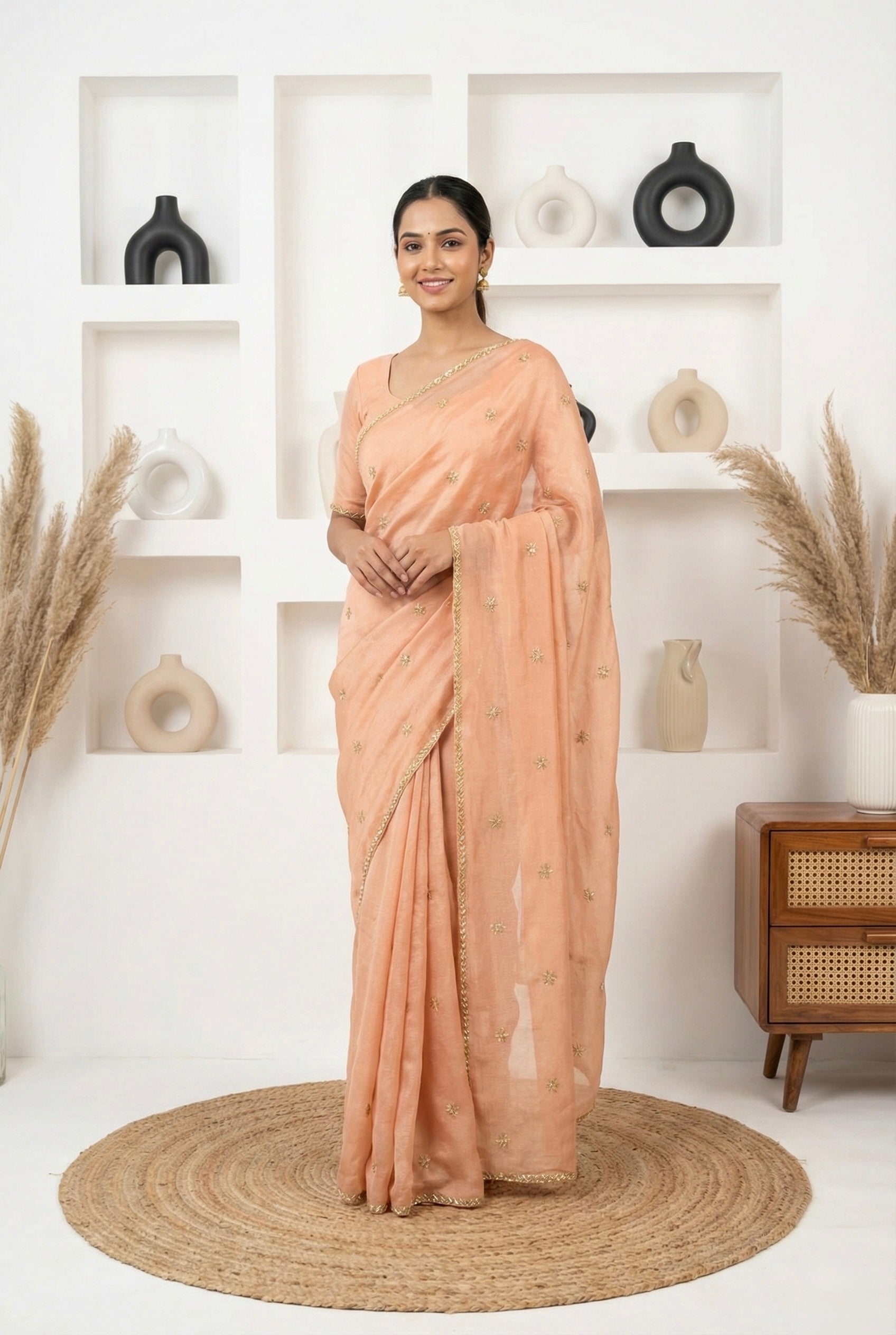 Peach Shimmer Handwork Crepe Georgette Saree