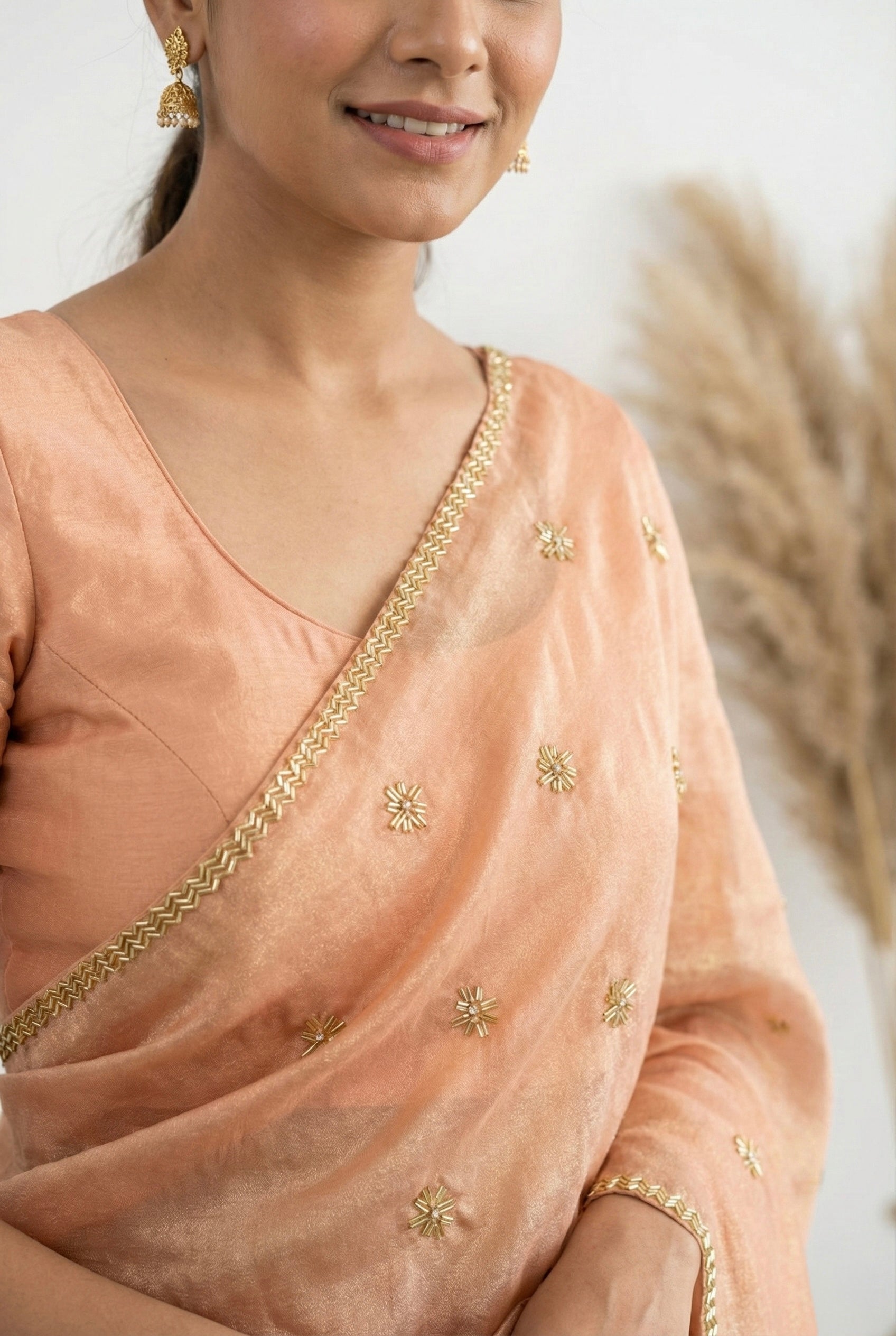 Peach Shimmer Handwork Crepe Georgette Saree