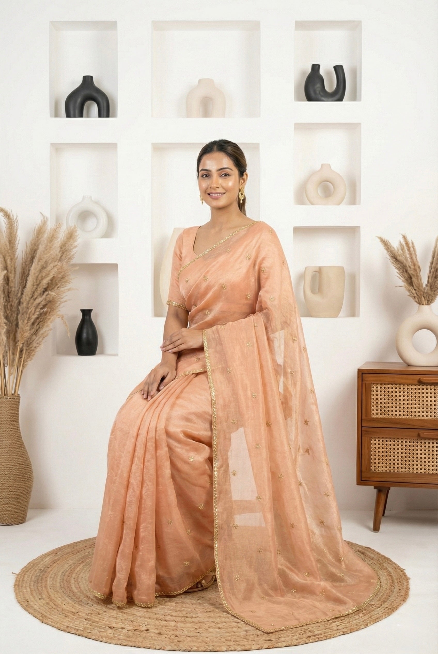 Peach Shimmer Handwork Crepe Georgette Saree