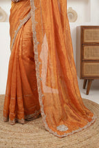 Royal Zari Women's Rust Orange Fendy Silk Saree with Elegant Handwork Butti