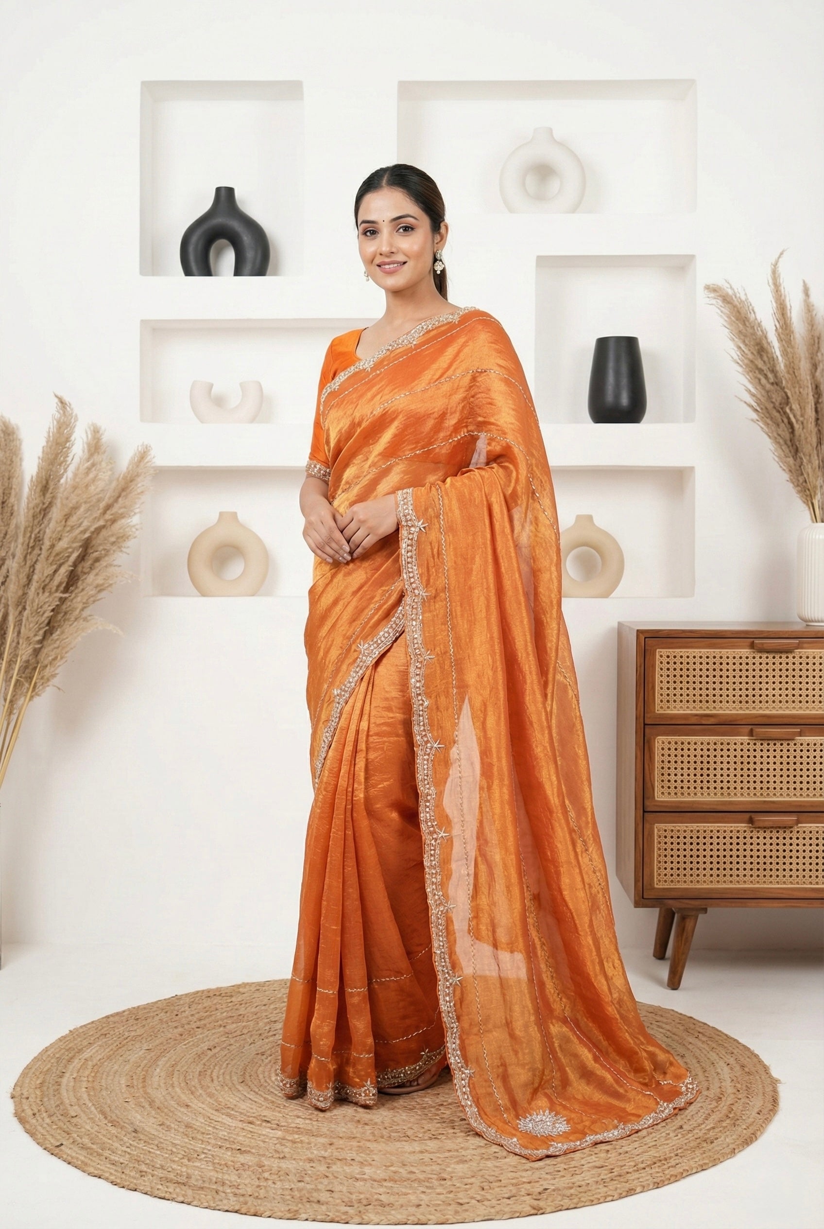 Royal Zari Women's Rust Orange Fendy Silk Saree with Elegant Handwork Butti