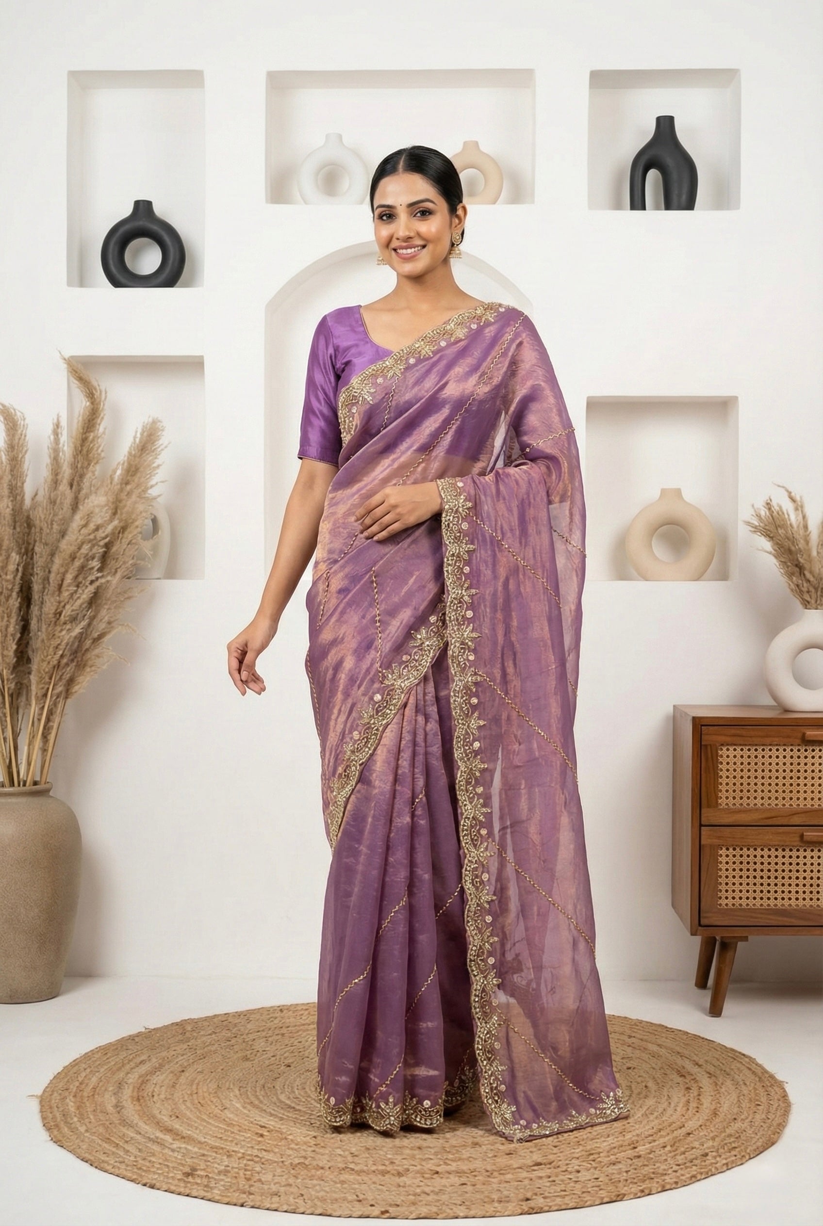 Exquisite Mauve Fendy Silk Saree with Intricate Gold Handwork & Cutdana Embroidery | Designer Party Wear