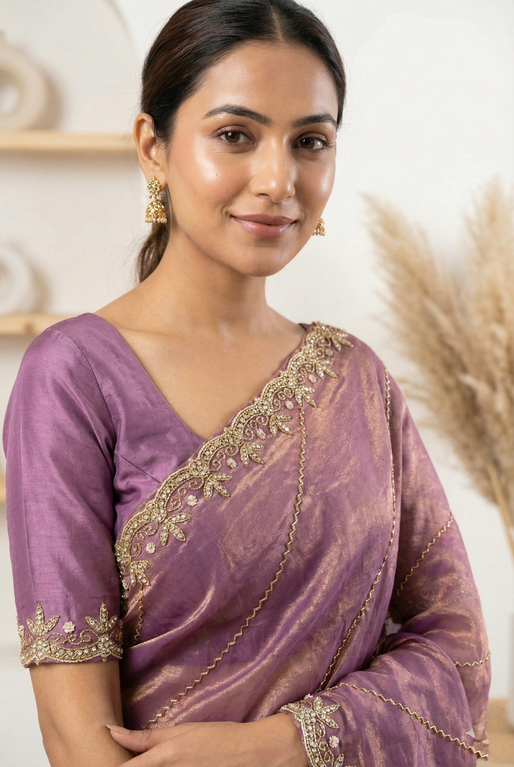 Exquisite Mauve Fendy Silk Saree with Intricate Gold Handwork & Cutdana Embroidery | Designer Party Wear