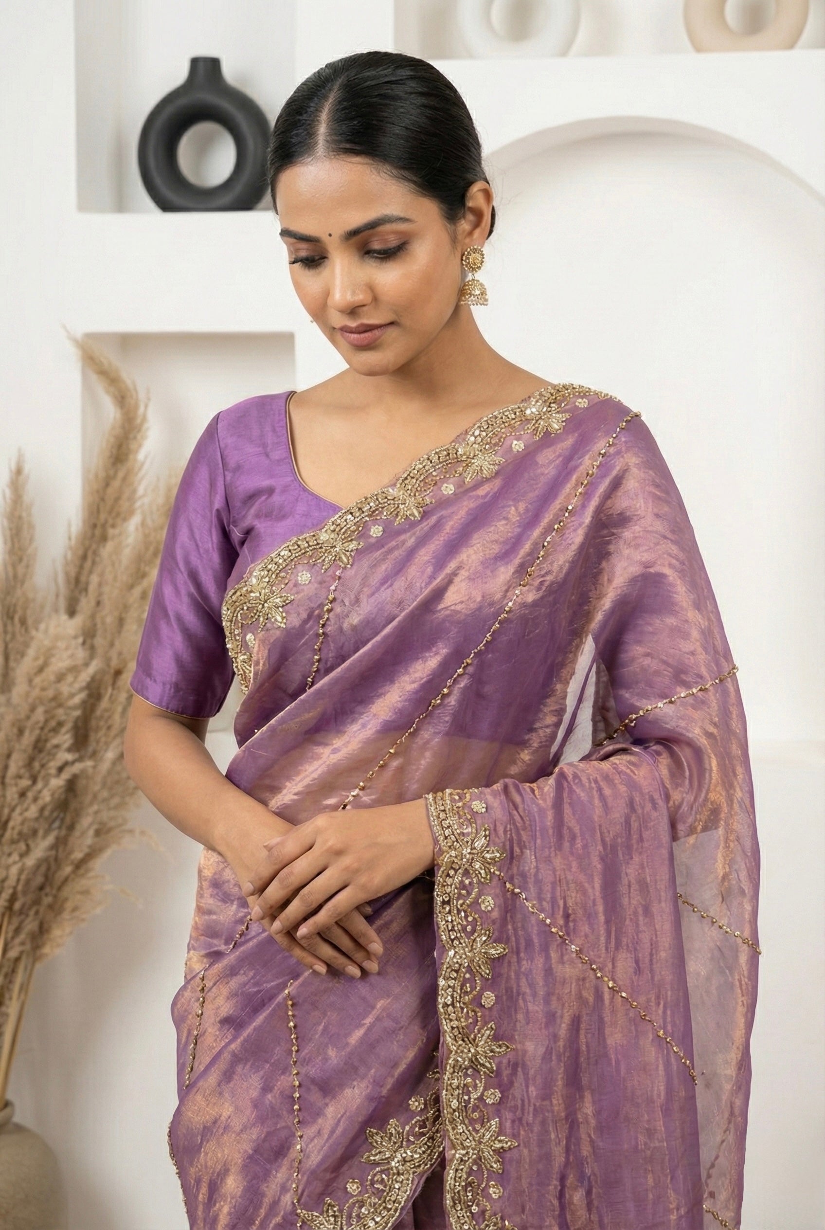 Exquisite Mauve Fendy Silk Saree with Intricate Gold Handwork & Cutdana Embroidery | Designer Party Wear