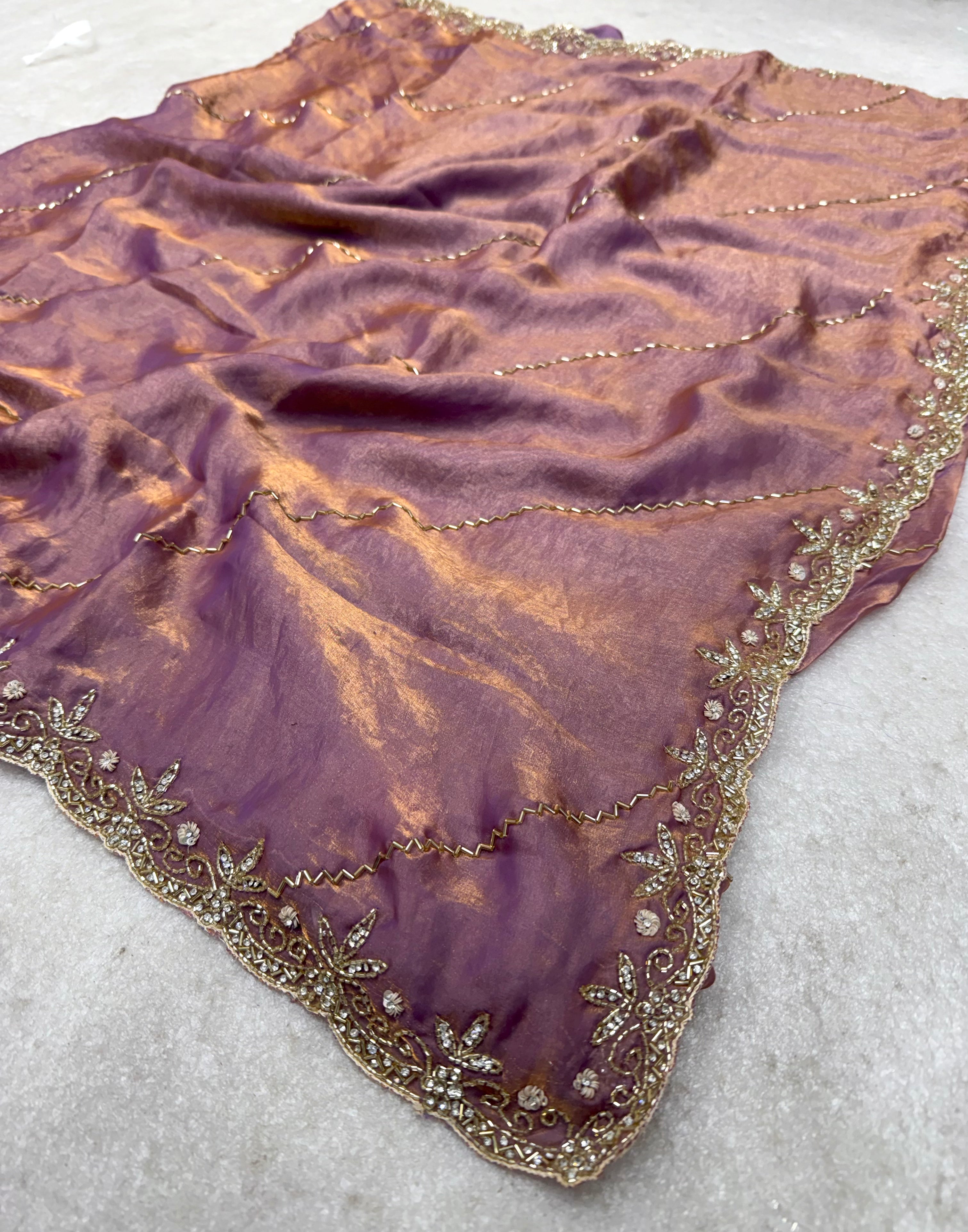 Exquisite Mauve Fendy Silk Saree with Intricate Gold Handwork & Cutdana Embroidery | Designer Party Wear