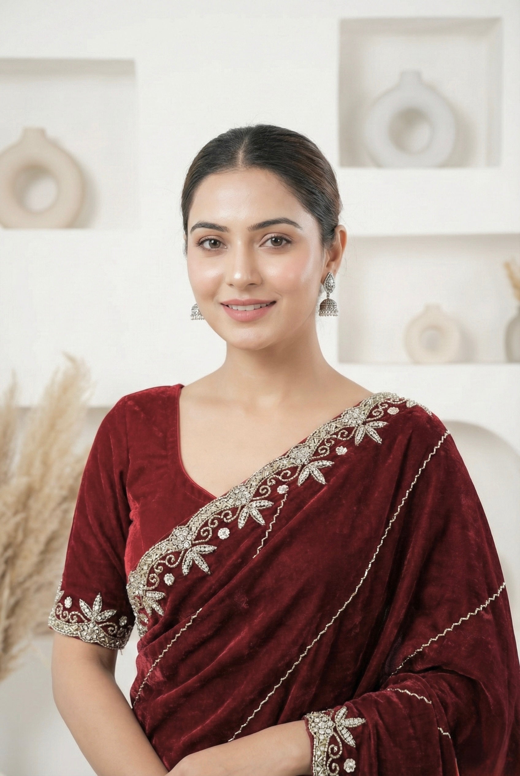 Deep Maroon Fendy Silk Saree with Golden Handwork & Cutdana Embroidery | Designer Party Wear