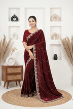 Deep Maroon Fendy Silk Saree with Golden Handwork & Cutdana Embroidery | Designer Party Wear
