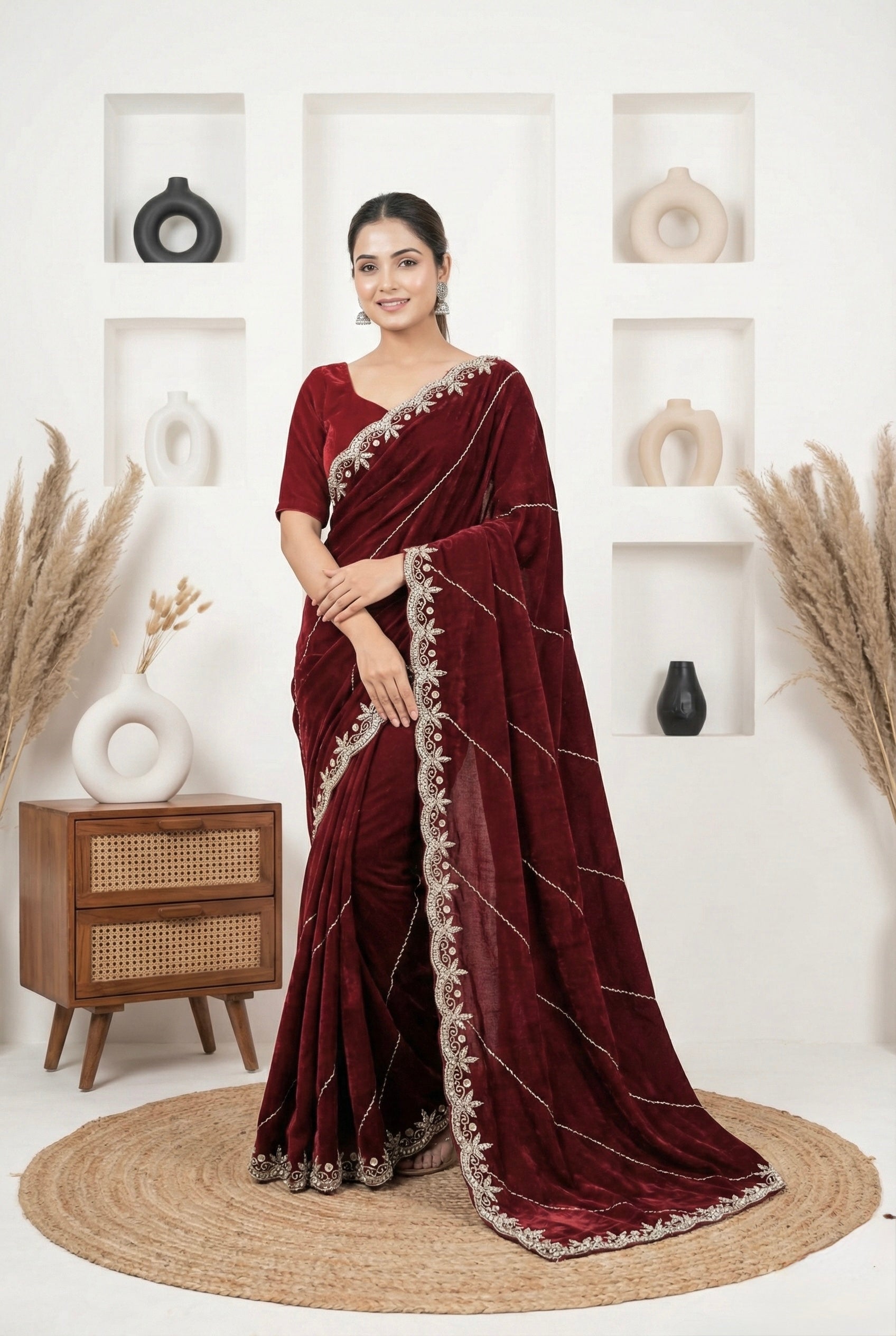 Deep Maroon Fendy Silk Saree with Golden Handwork & Cutdana Embroidery | Designer Party Wear