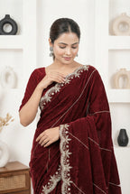 Deep Maroon Fendy Silk Saree with Golden Handwork & Cutdana Embroidery | Designer Party Wear
