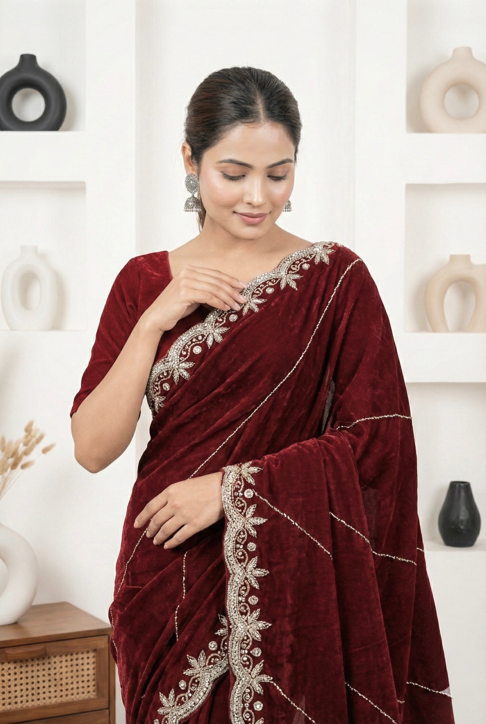 Deep Maroon Fendy Silk Saree with Golden Handwork & Cutdana Embroidery | Designer Party Wear