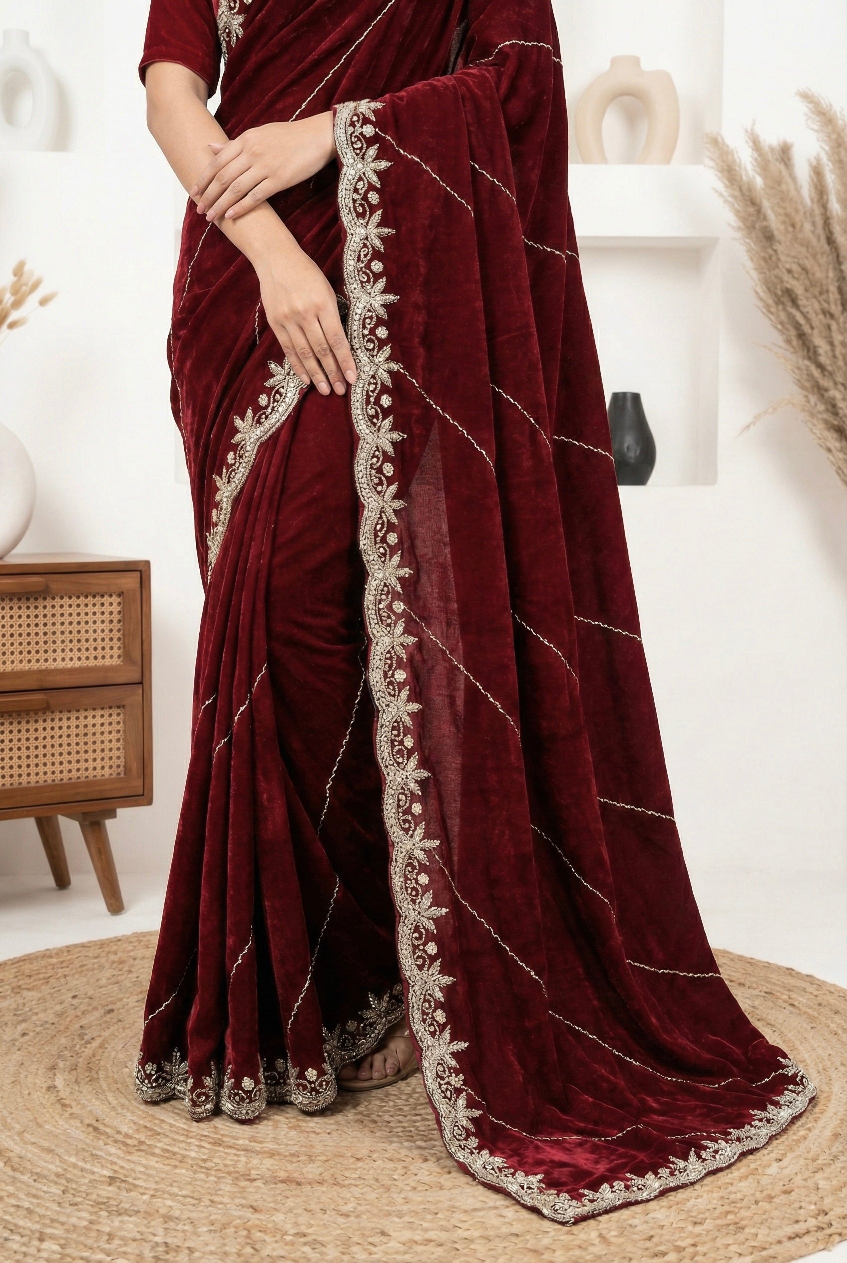 Deep Maroon Fendy Silk Saree with Golden Handwork & Cutdana Embroidery | Designer Party Wear