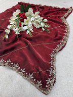 Deep Maroon Fendy Silk Saree with Golden Handwork & Cutdana Embroidery | Designer Party Wear