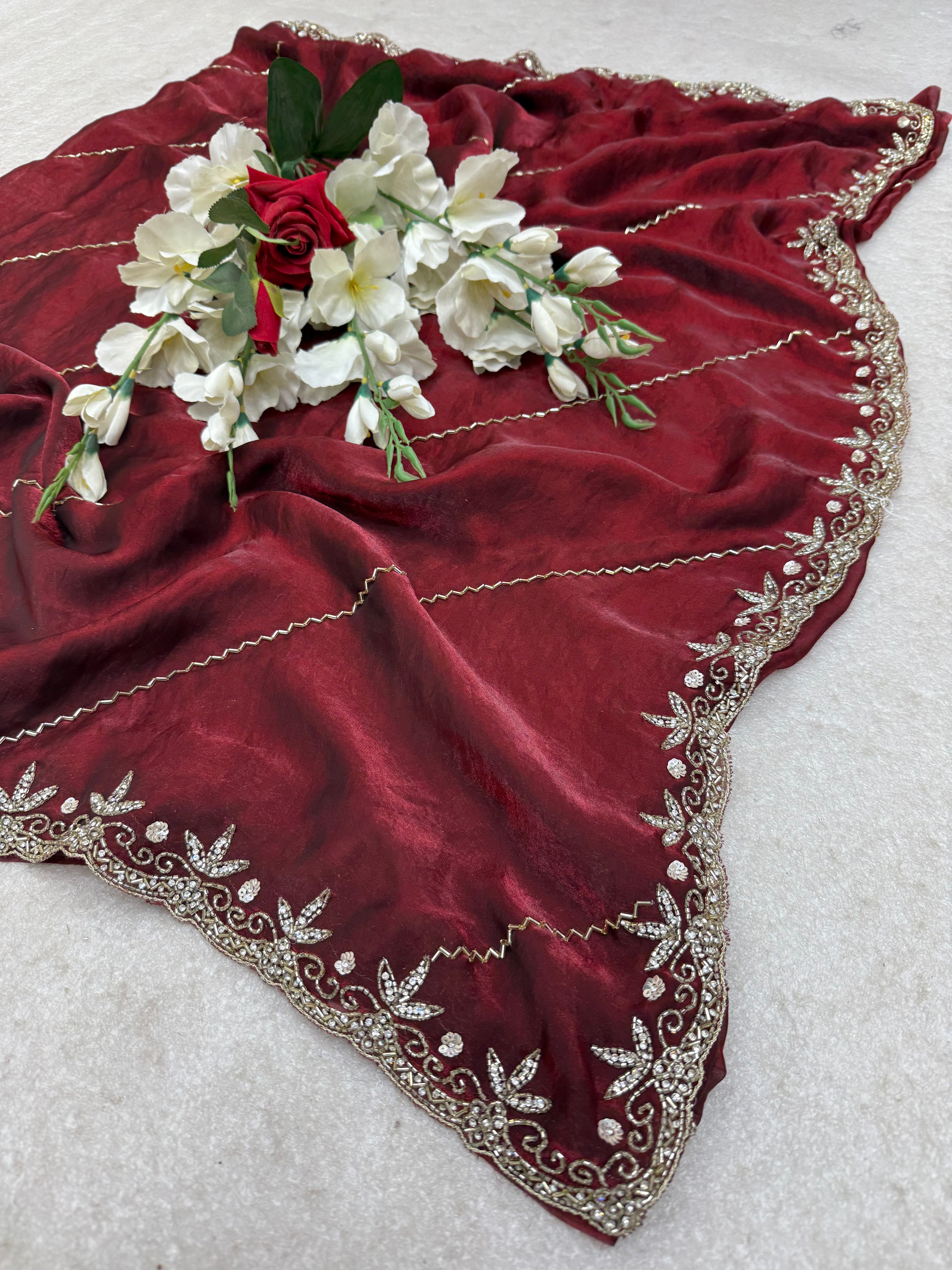 Deep Maroon Fendy Silk Saree with Golden Handwork & Cutdana Embroidery | Designer Party Wear