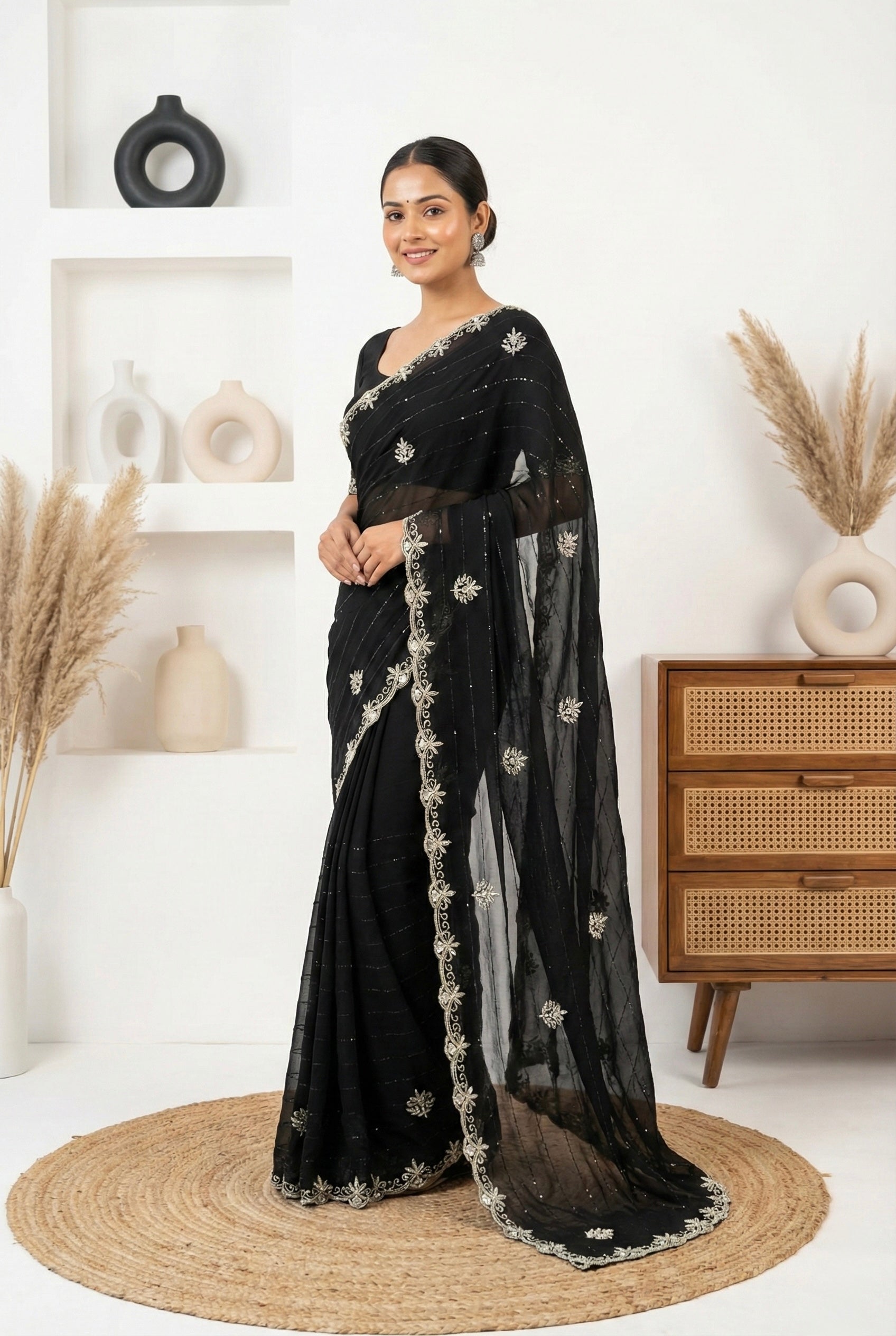 Royal Zari Exclusive: Black Georgette Handwork Saree with Unstitched Blouse