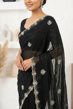 Royal Zari Exclusive: Black Georgette Handwork Saree with Unstitched Blouse