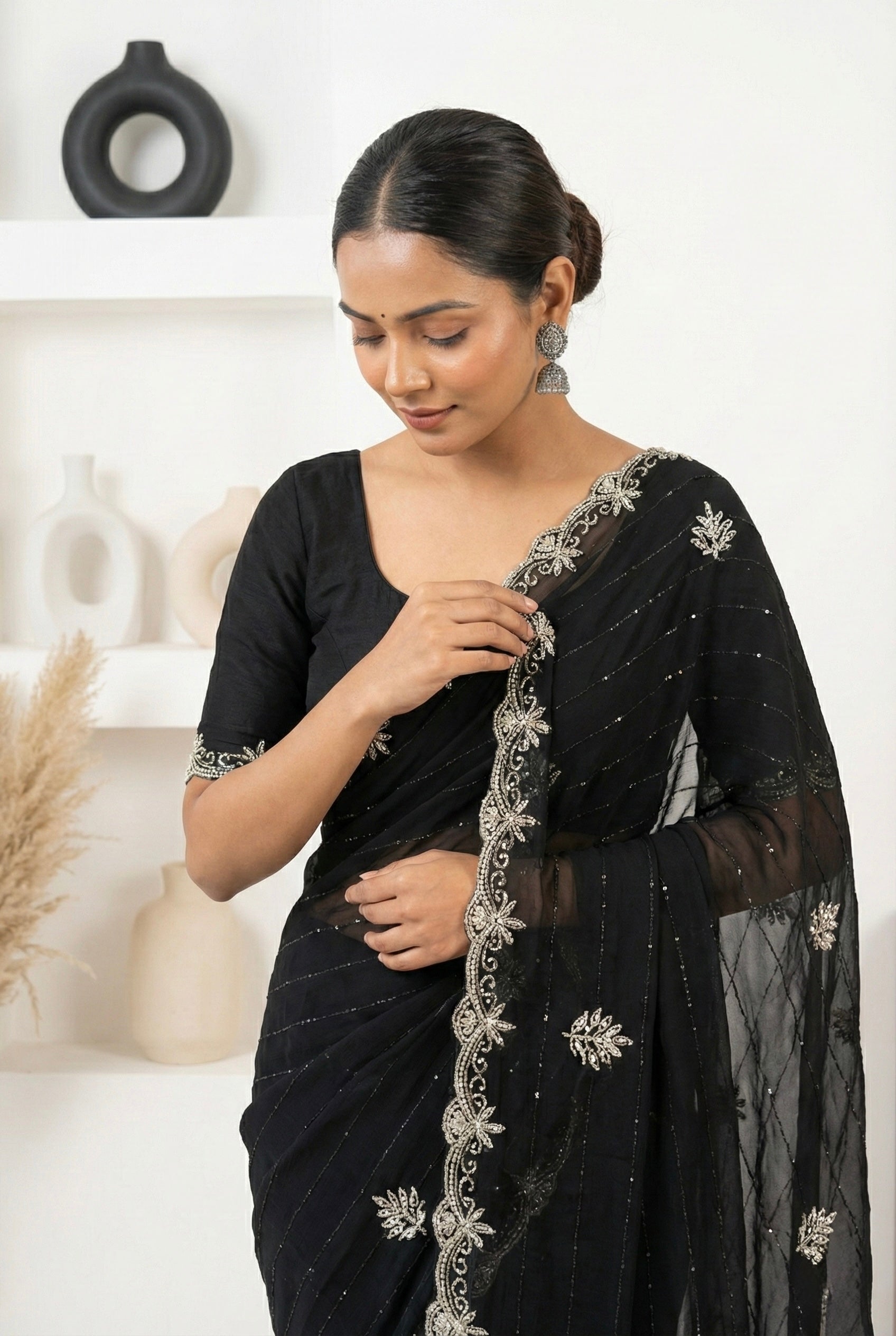 Royal Zari Exclusive: Black Georgette Handwork Saree with Unstitched Blouse