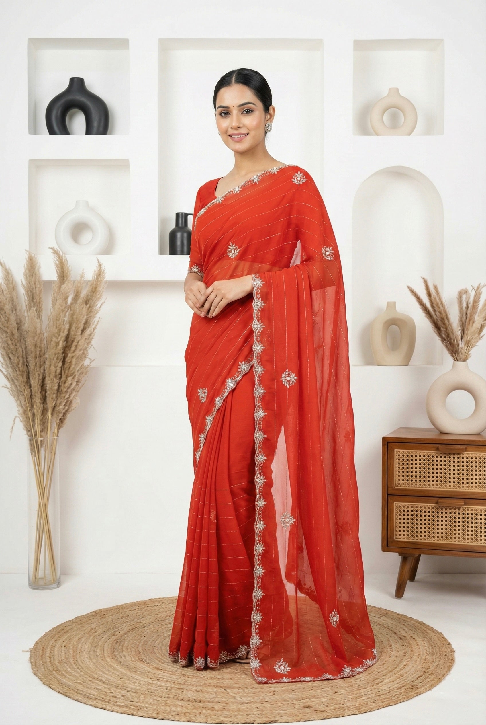 Royal Zari Exclusive: Rust Orange Georgette Handwork Saree with Unstitched Blouse